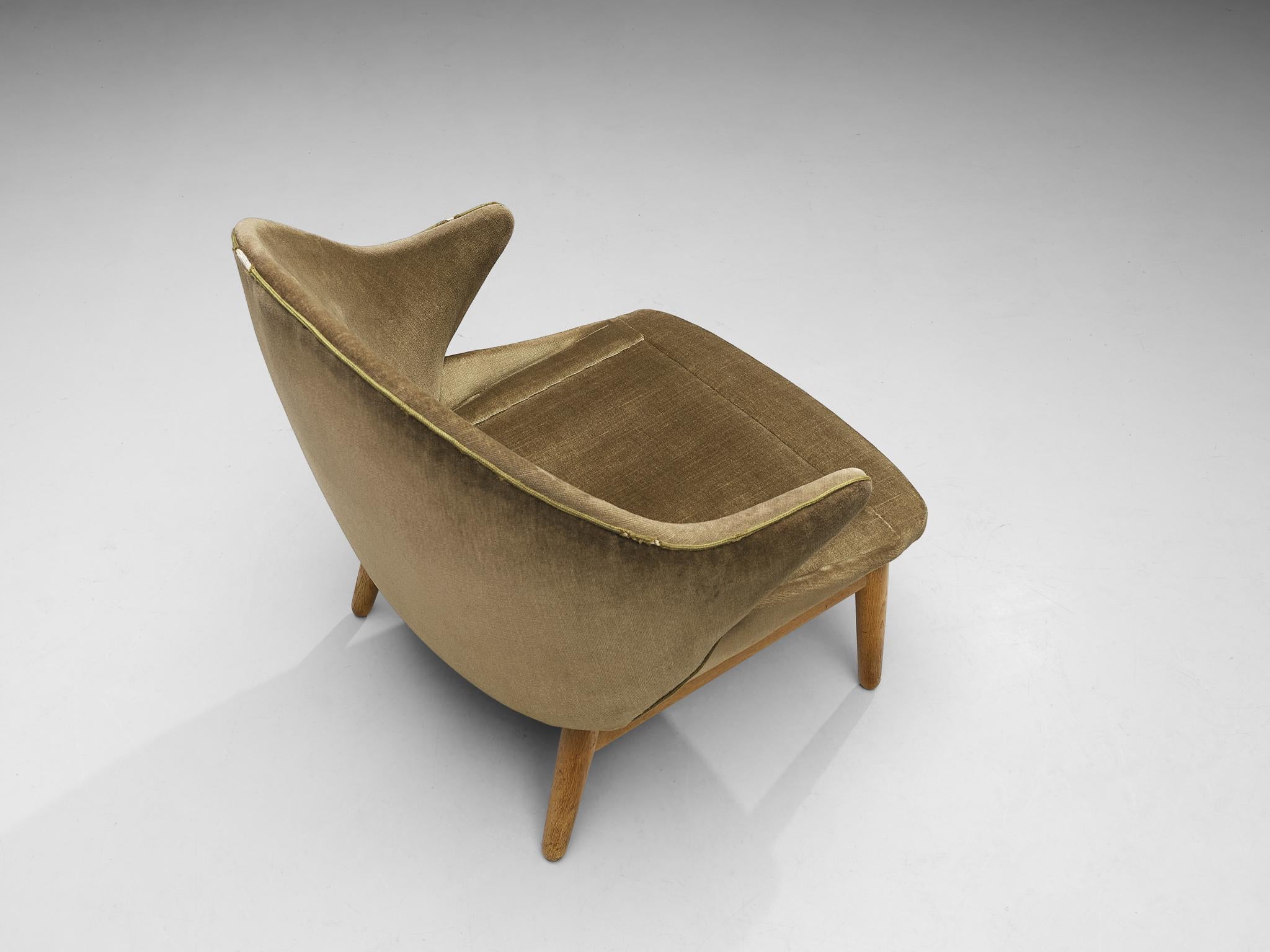 Fabric Hans Olson for Jørgen Jørgensen Lounge Chair in Oak and Khaki Upholstery  For Sale