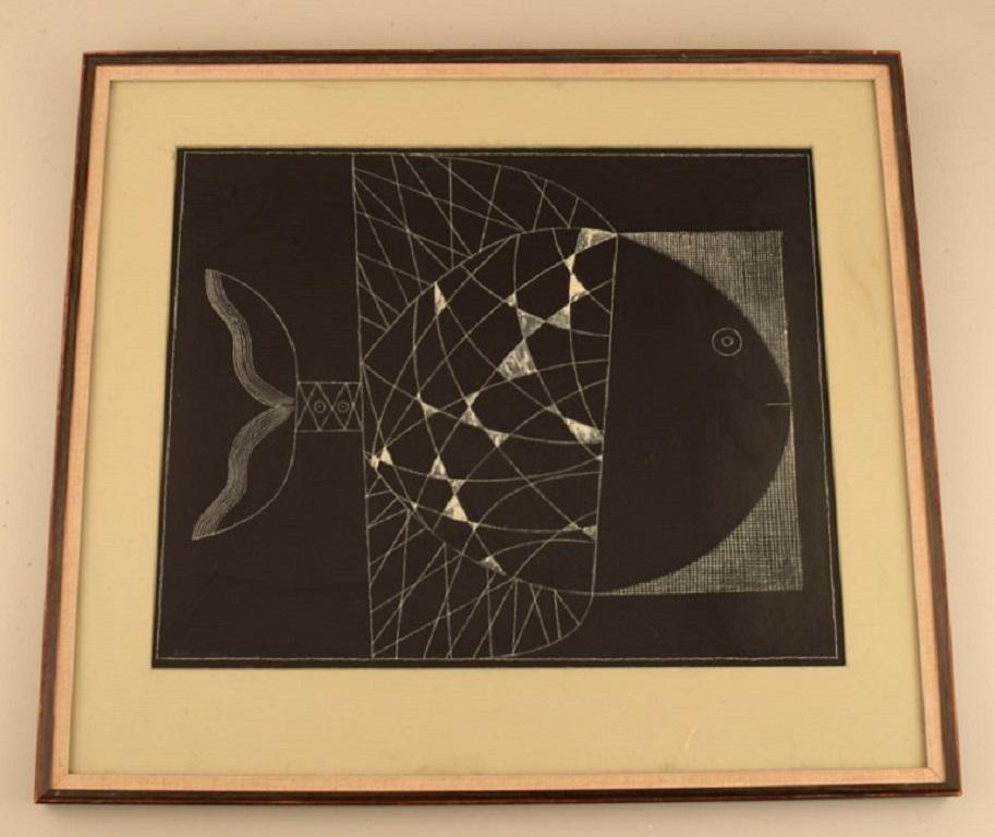 Hans Osswald (1919-1983), Swedish artist. Mixed media on paper. Fish. 
Mid-20th century.
Visible dimensions: 42 x 34 cm.
Total dimensions: 51 x 45 cm.
The frame measures: 2 cm.
Signed.
In excellent condition.