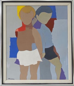 Mid-Century Modern "The Duo" Vintage Swedish Figurative Oil Painting, Framed