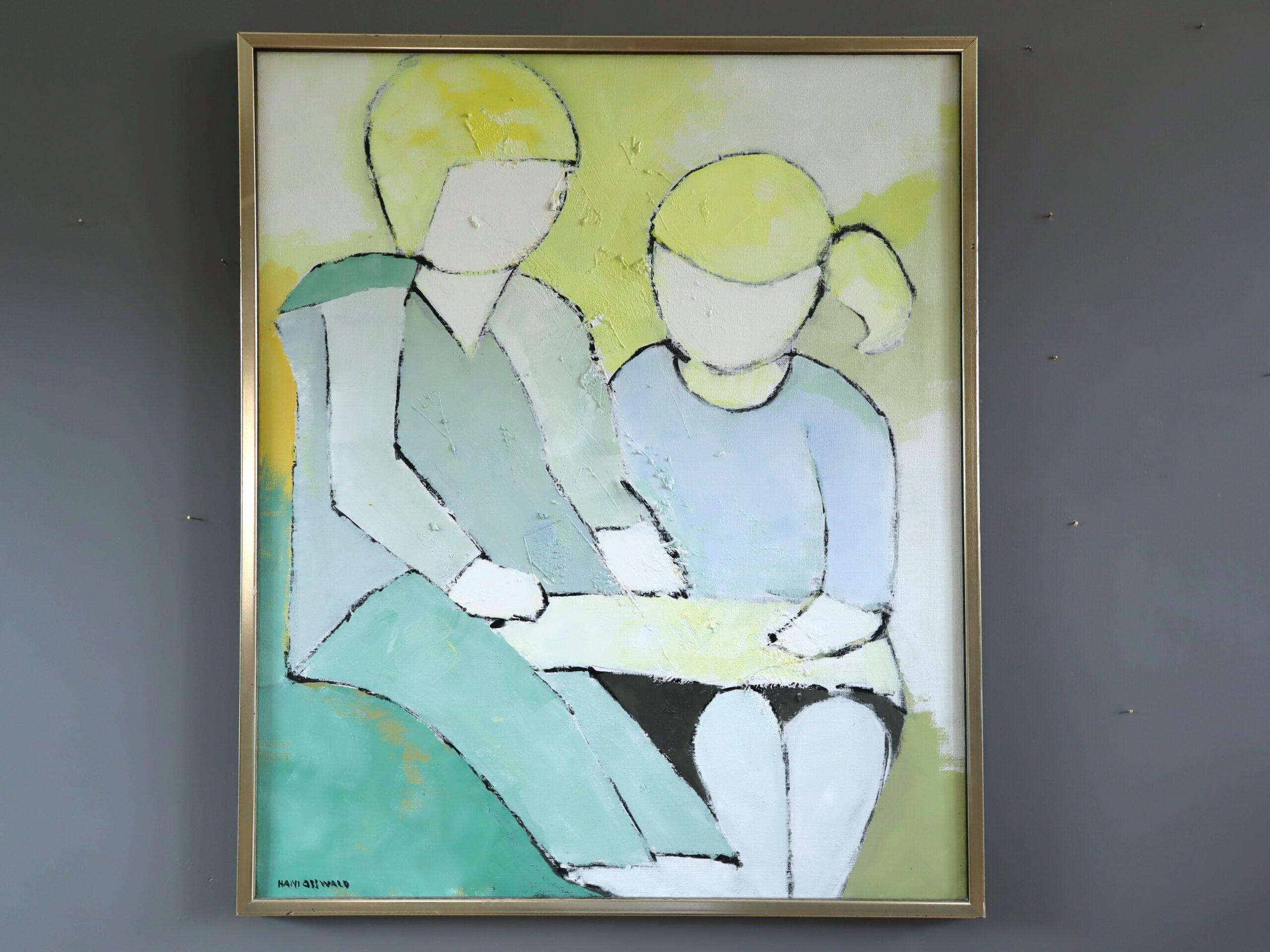 Vintage Mid-Century Modern Swedish Figurative Oil Painting - Afternoon Lesson - Gray Figurative Painting by Hans Osswald