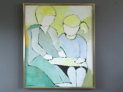 Vintage Mid-Century Modern Schwedisch Figurative Ölgemälde - Nachmittagsunterricht
