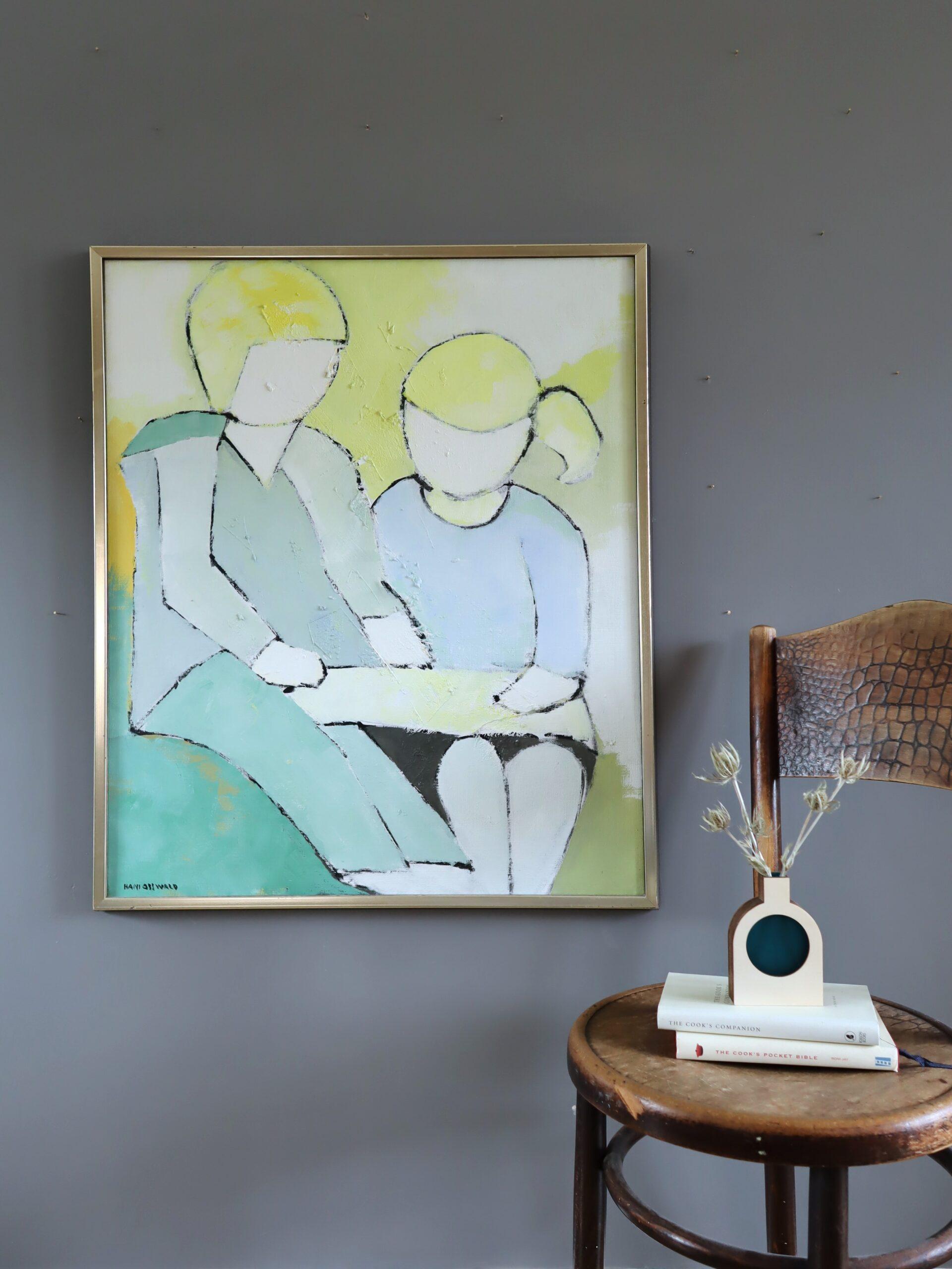 AFTERNOON LESSON
Oil on canvas
Size: 82 x 70 cm (including frame)

A outstanding mid-century modernist abstract figurative composition in oil, painted onto canvas by Swedish painter Hans Osswald (1919-1983), whose works have been exhibited at the