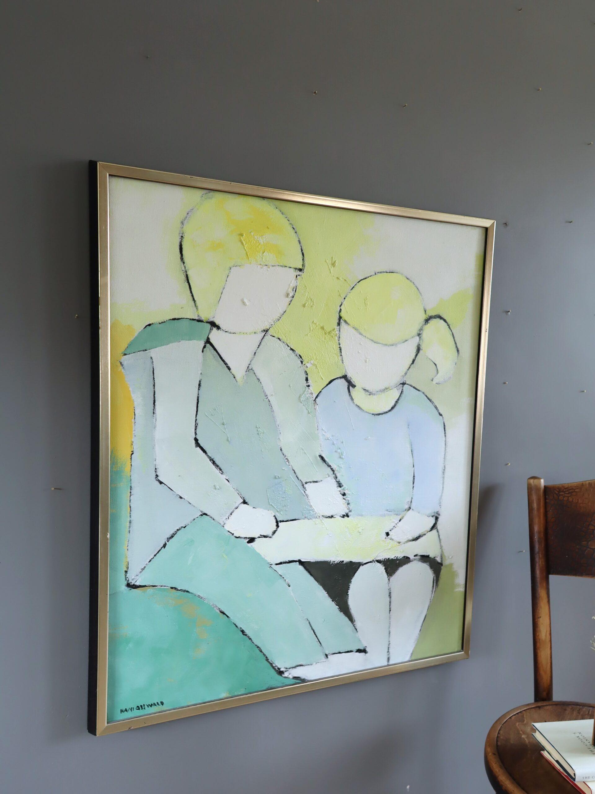 Vintage Mid-Century Modern Swedish Figurative Oil Painting - Afternoon Lesson For Sale 1