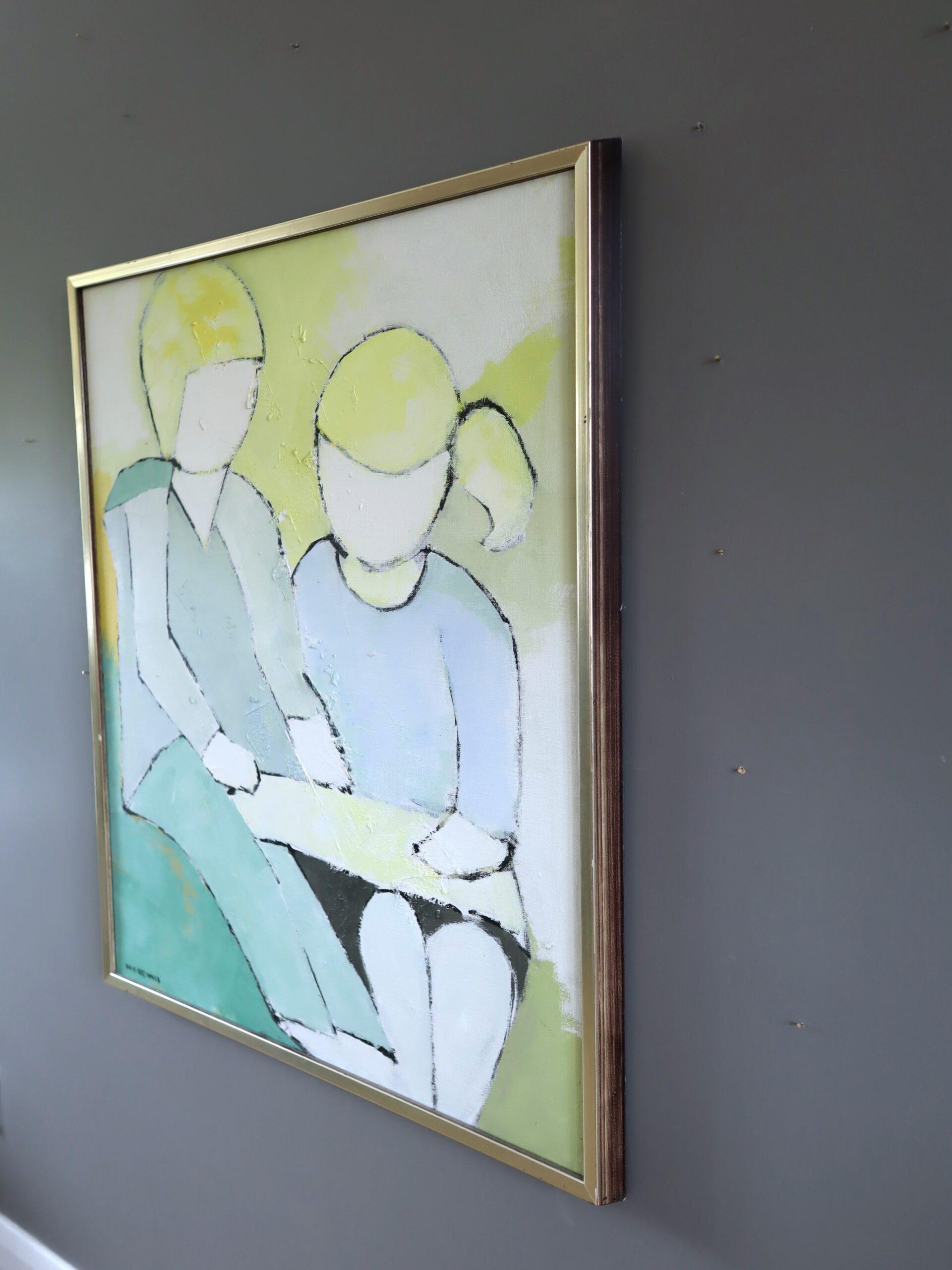 Vintage Mid-Century Modern Swedish Figurative Oil Painting - Afternoon Lesson For Sale 2