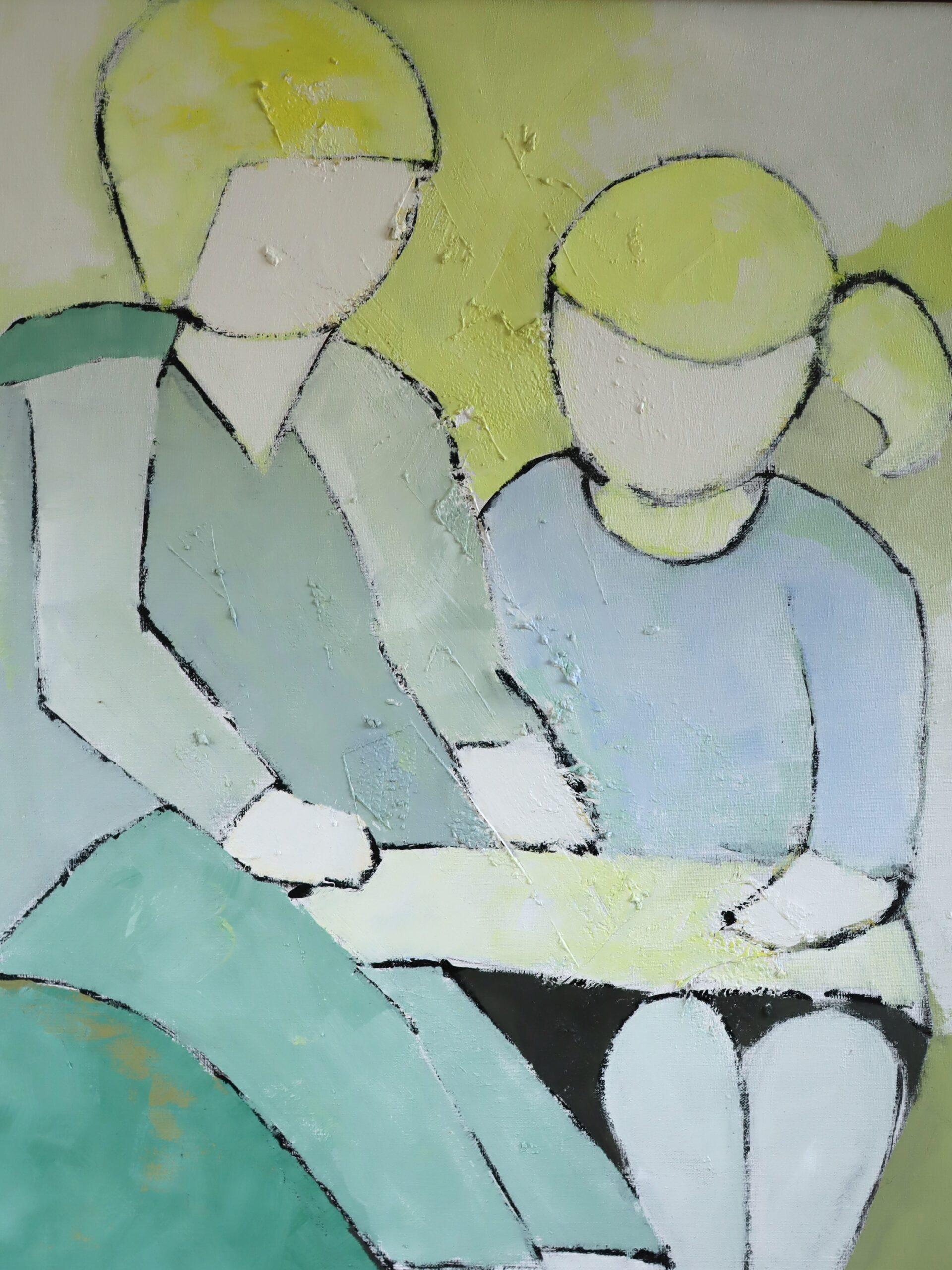 Vintage Mid-Century Modern Swedish Figurative Oil Painting - Afternoon Lesson For Sale 5