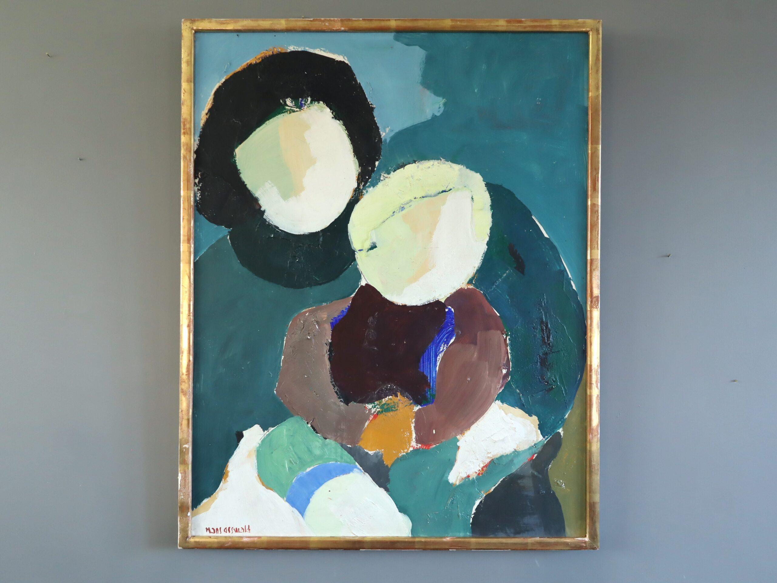 Pittura ad olio figurativa svedese d'epoca della metà del secolo scorso - Amore materno - Painting di Hans Osswald