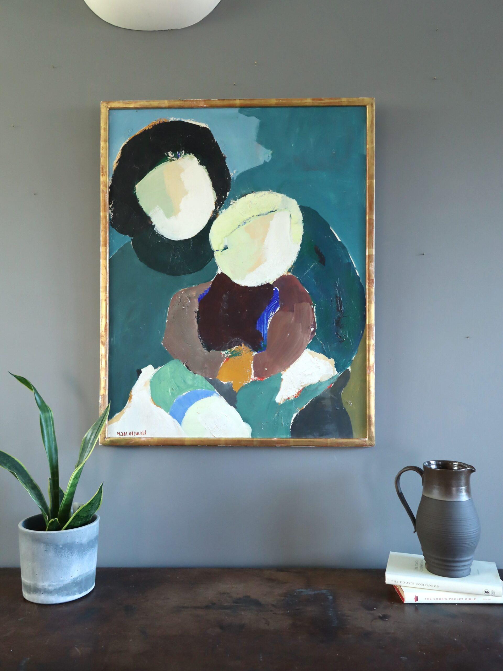 Pittura ad olio figurativa svedese d'epoca della metà del secolo scorso - Amore materno - Painting Moderno di Hans Osswald