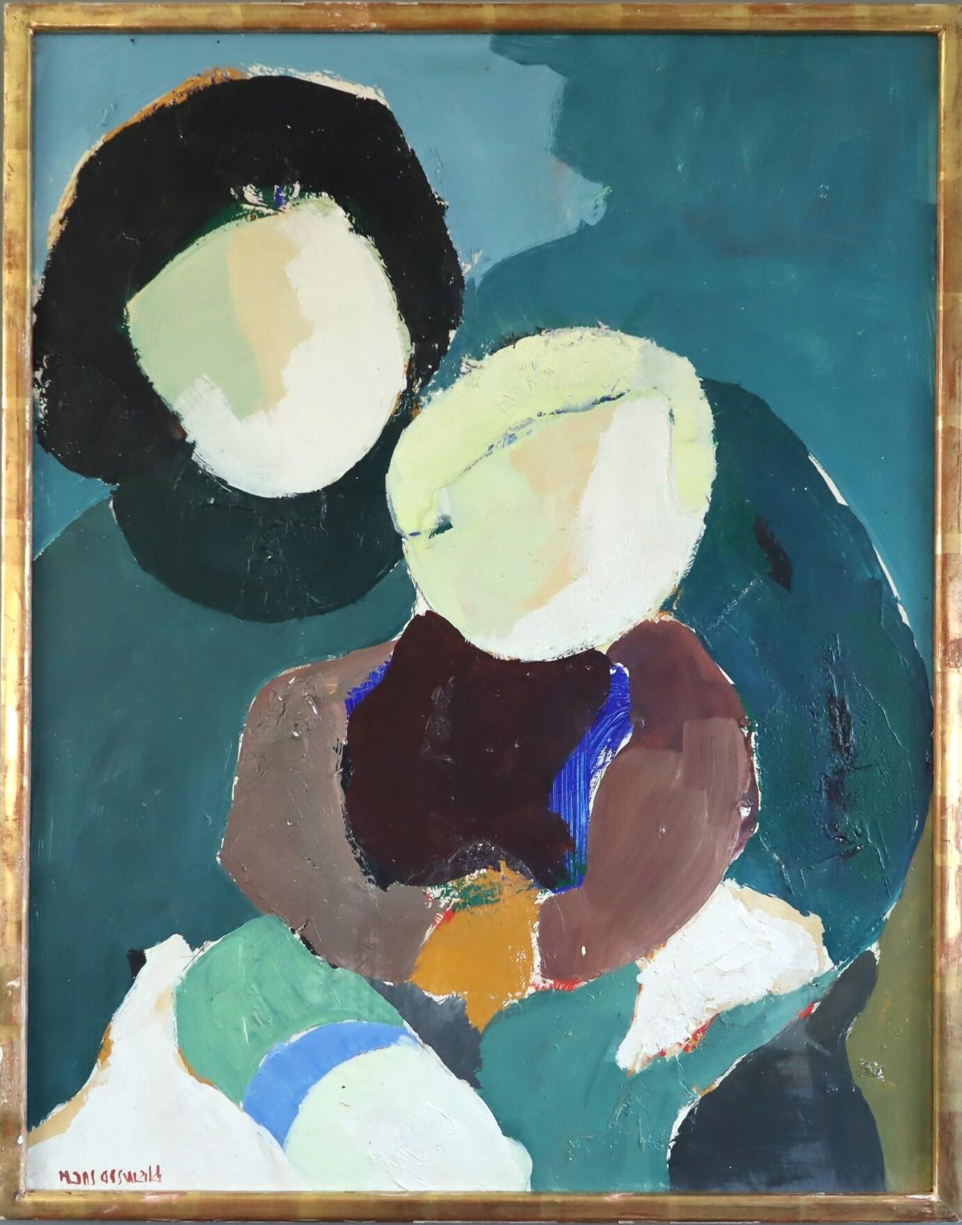 Vintage Mid-Century Modern Swedish Figurative Oil Painting - Maternal Love