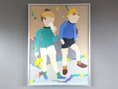 Vintage Mid-Century Modern Swedish Figurative Oil Painting - Picking Flowers