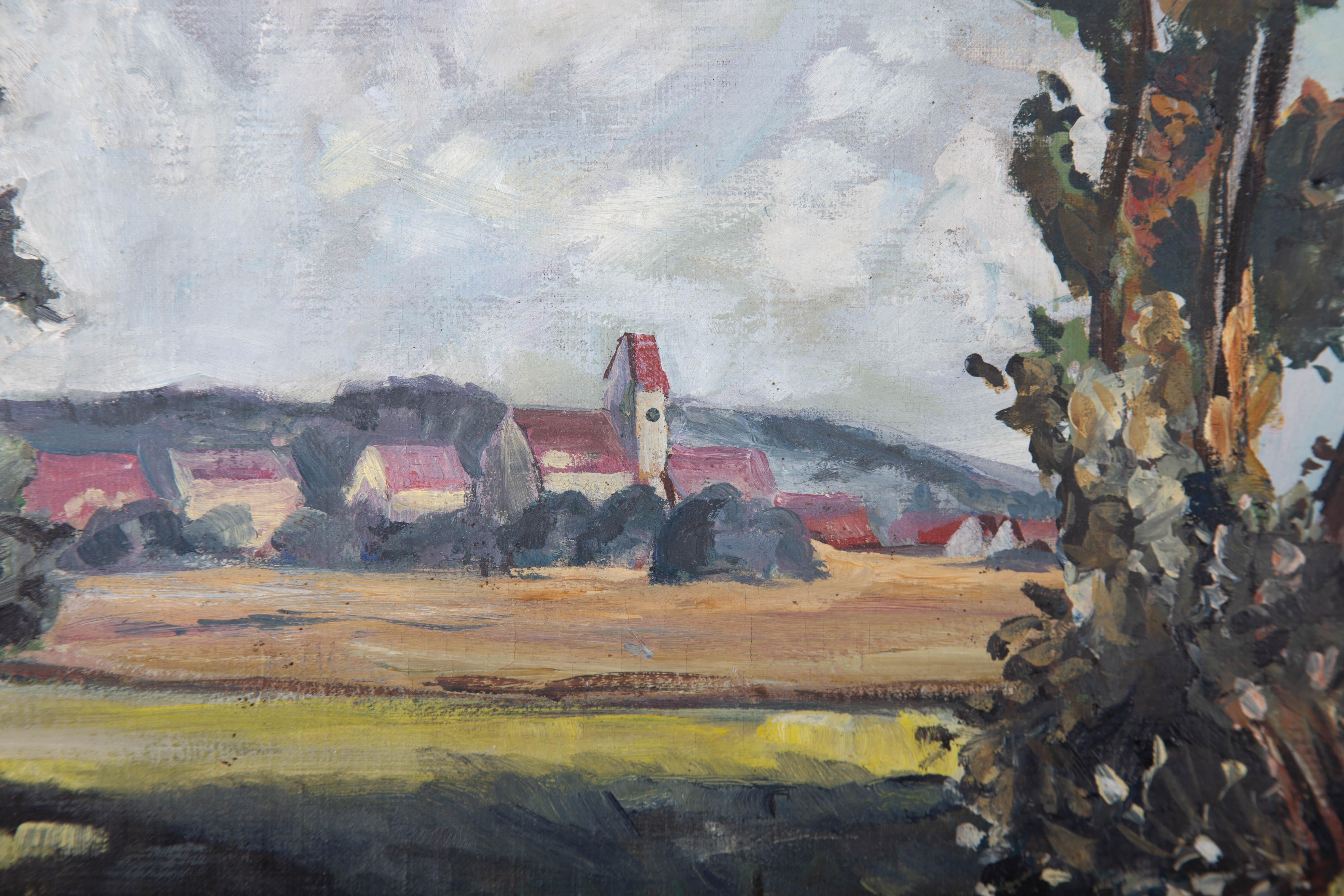 A beautiful impressionistic German landscape with the red roofs of a provincial town in the distance. The artist has signed to the lower left. On canvas.
