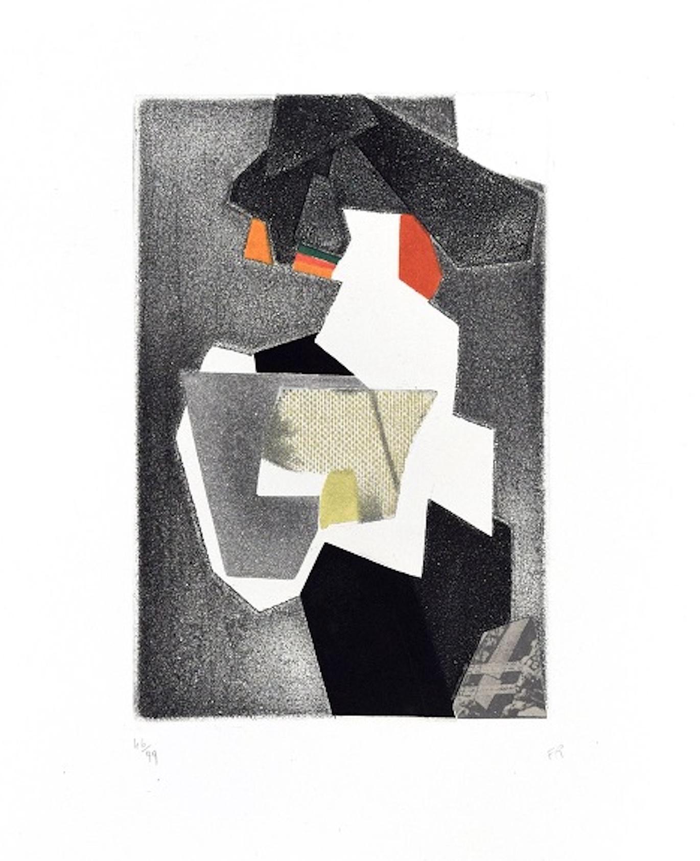 Image dimensions: 20.3x13.7 cm.

Untitled composition is colored etchings and collages on paper, realized in 1973 by the German artist, Hans Richter, published by La Nuova Foglio, a publishing house of Macerata. 

Monogrammed and numbered in pencil