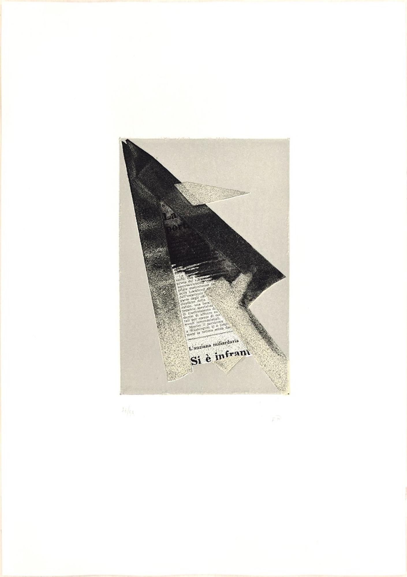 Image dimensions: 22x14.4 cm.

Untitled is a colored etching and collage on paper, realized in 1973 by the artist, Hans Richter, published by La Nuova Foglio, a publishing house of Macerata.

Monogrammed and numbered in pencil on lower margin.