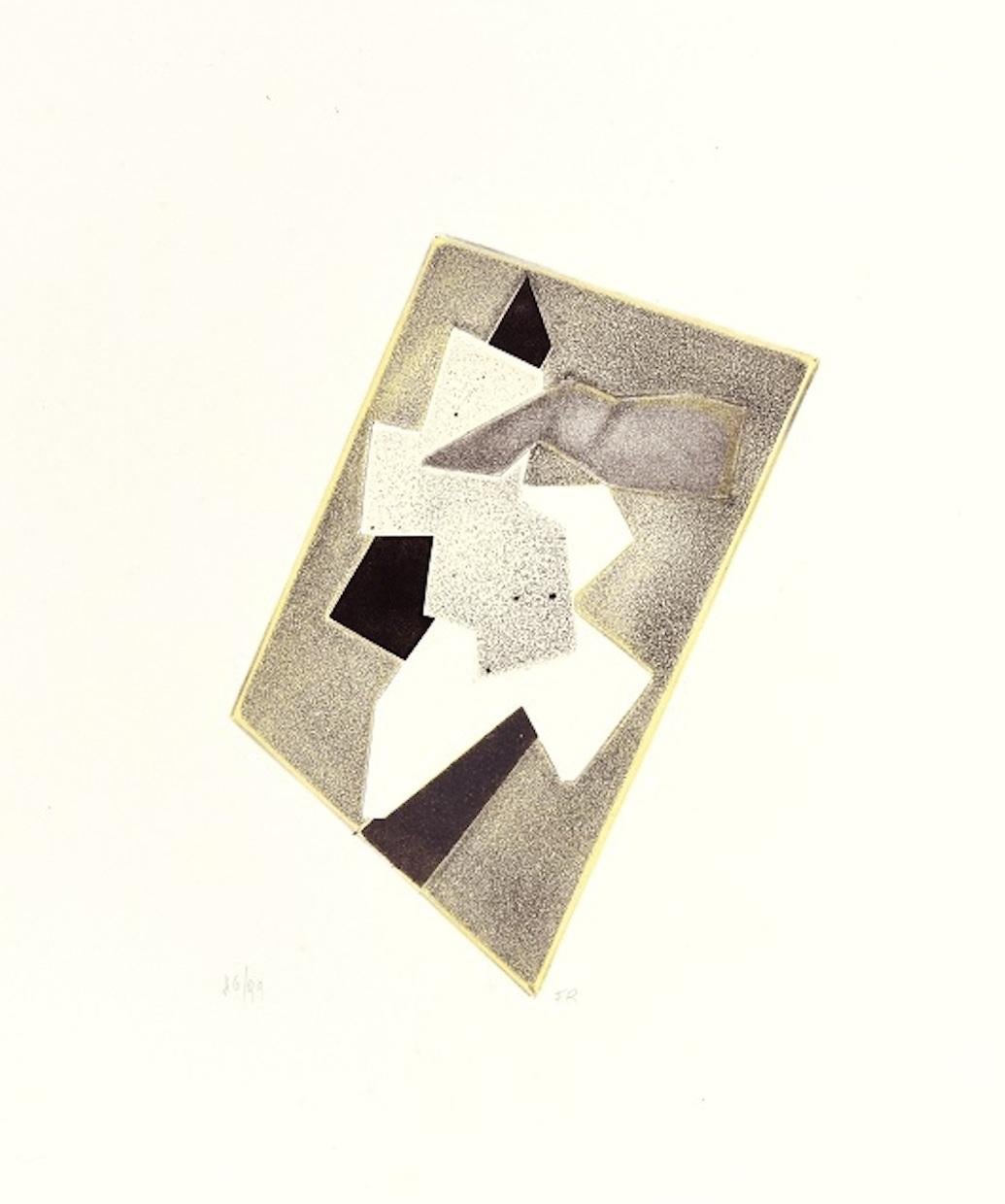 Image dimensions: 20x15 cm. 

Abstract composition is a colored etching and chalcography on paper, realized in the Seventy of XX century by the German artist, Hans Richter, published by La Nuova Foglio, a publishing house of Macerata. 

From a