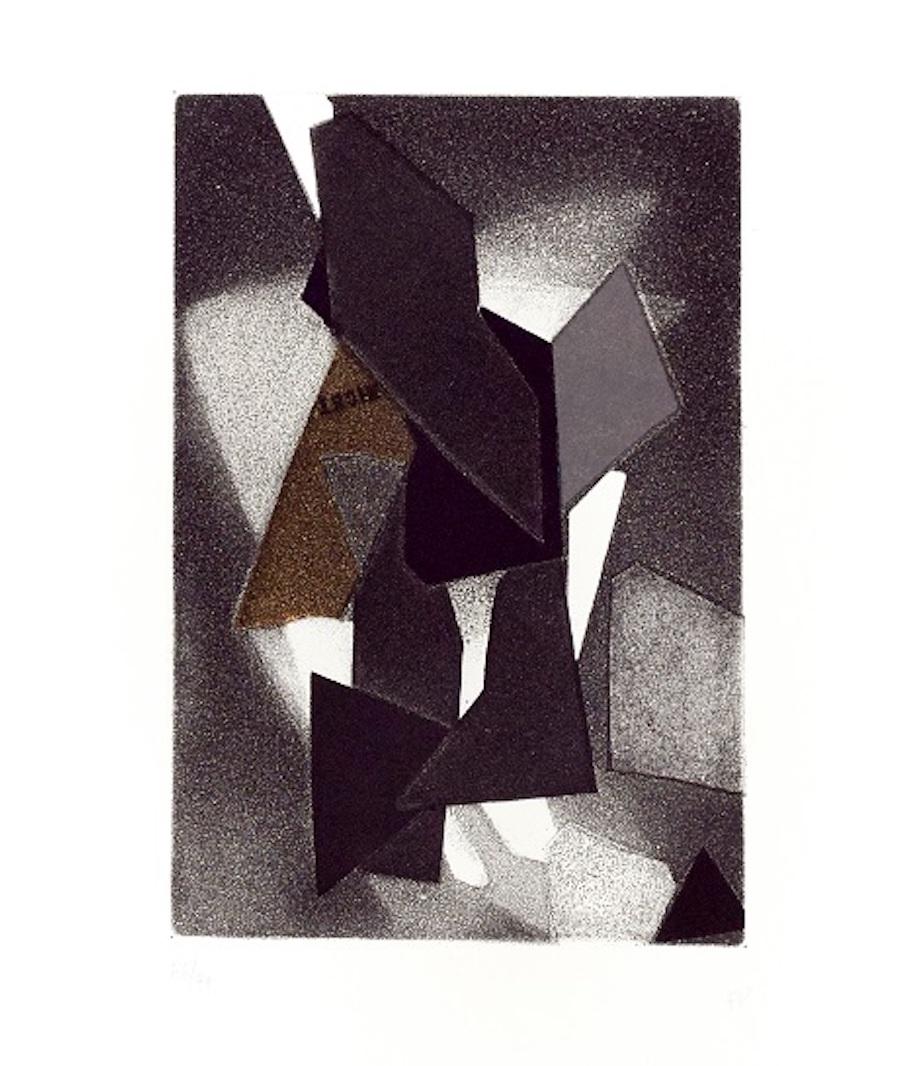 Image dimensions: 20.3x13.7 cm.

Geometric composition is an etching and an aquatint on paper, realized in 1973 by the German artist, Hans Richter, published by La Nuova Foglio, a publishing house of Macerata. 

The last graphic work of the master,