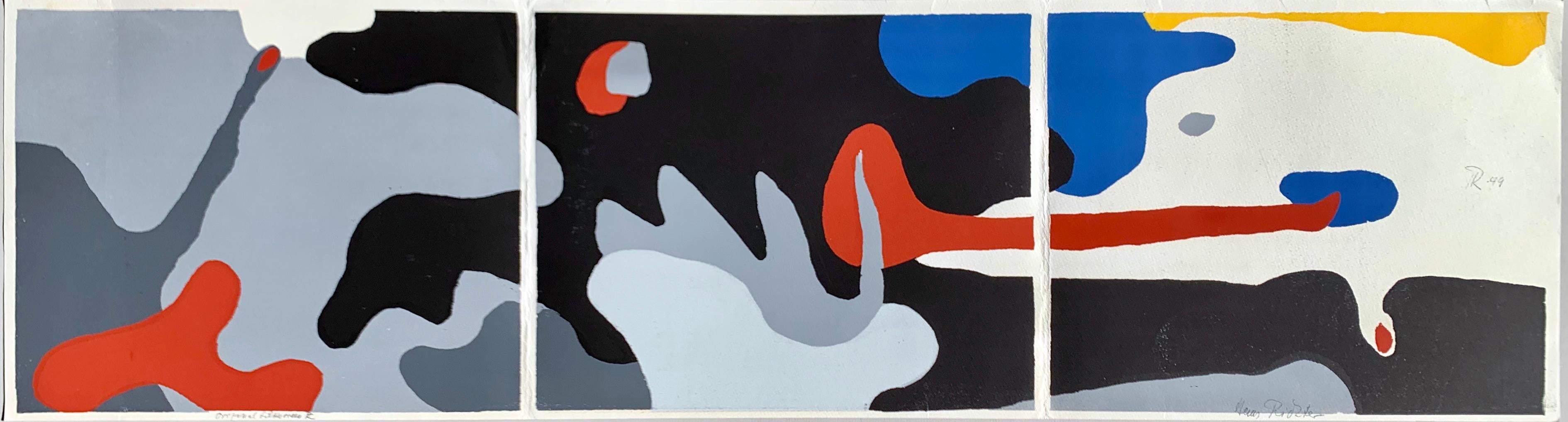"Transformation - Dusk, Night, Dawn" is a modern abstract silkscreen on paper created by one of the Dada movement's founder, German artist Hans Richter (1888 - 1976). The abstract artwork is composed of three rectangular images in which fluid color