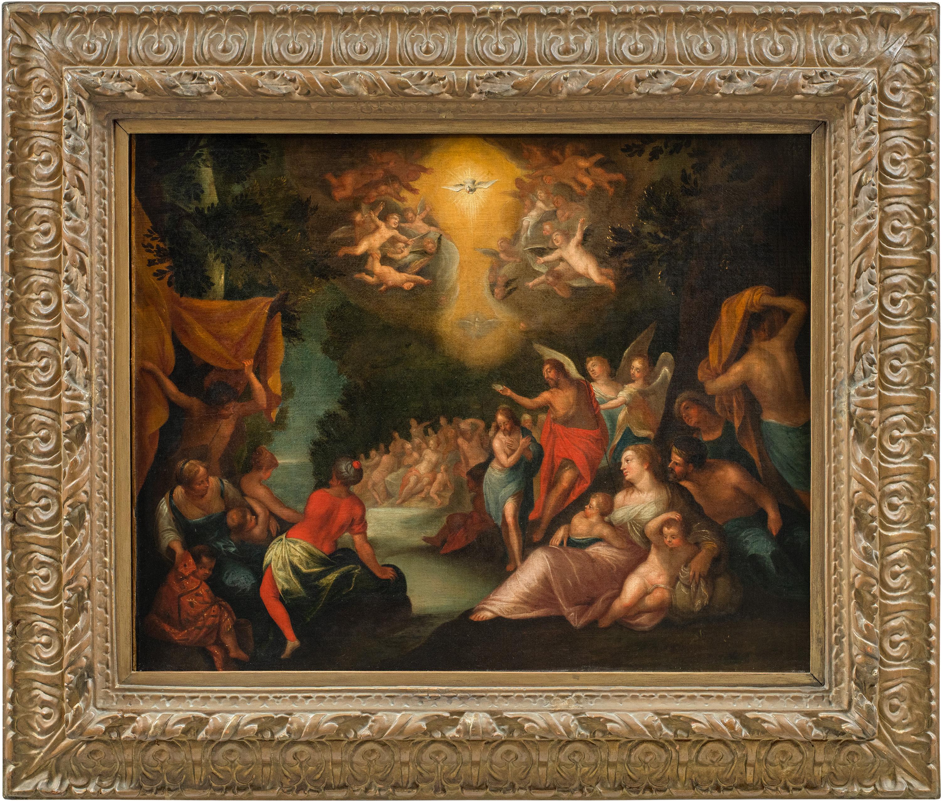 Hans Rottenhammer (Munich 1564 - Augsburg 1625) circle of - Baptism of Christ.

64.5 x 77.5 cm without frame, 90.5 x 105.5 cm with frame.

Antique oil painting on canvas, in a carved and gilded wooden frame.

- The work resumes the painting by