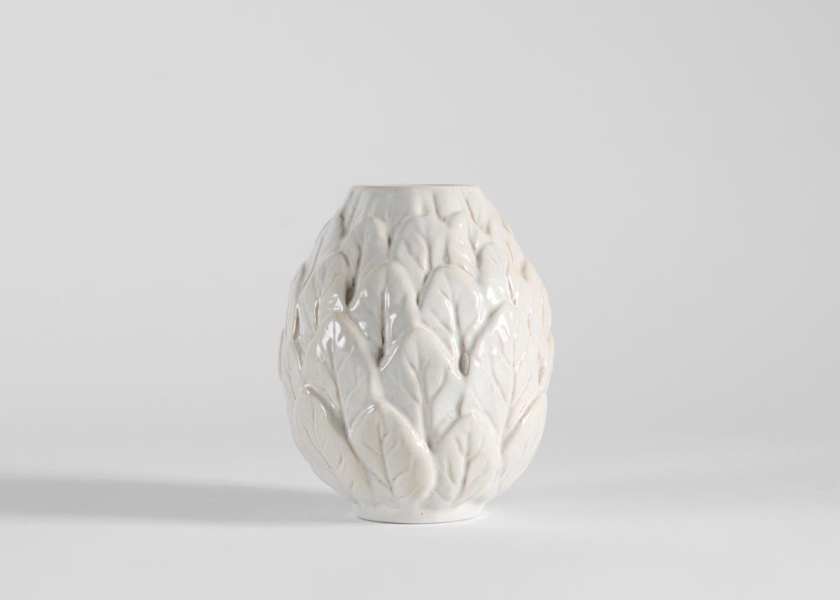 Danish Hans Rudolph Petersen, White Glazed Vase with Leaf Pattern, Denmark, Mid-20th C. For Sale