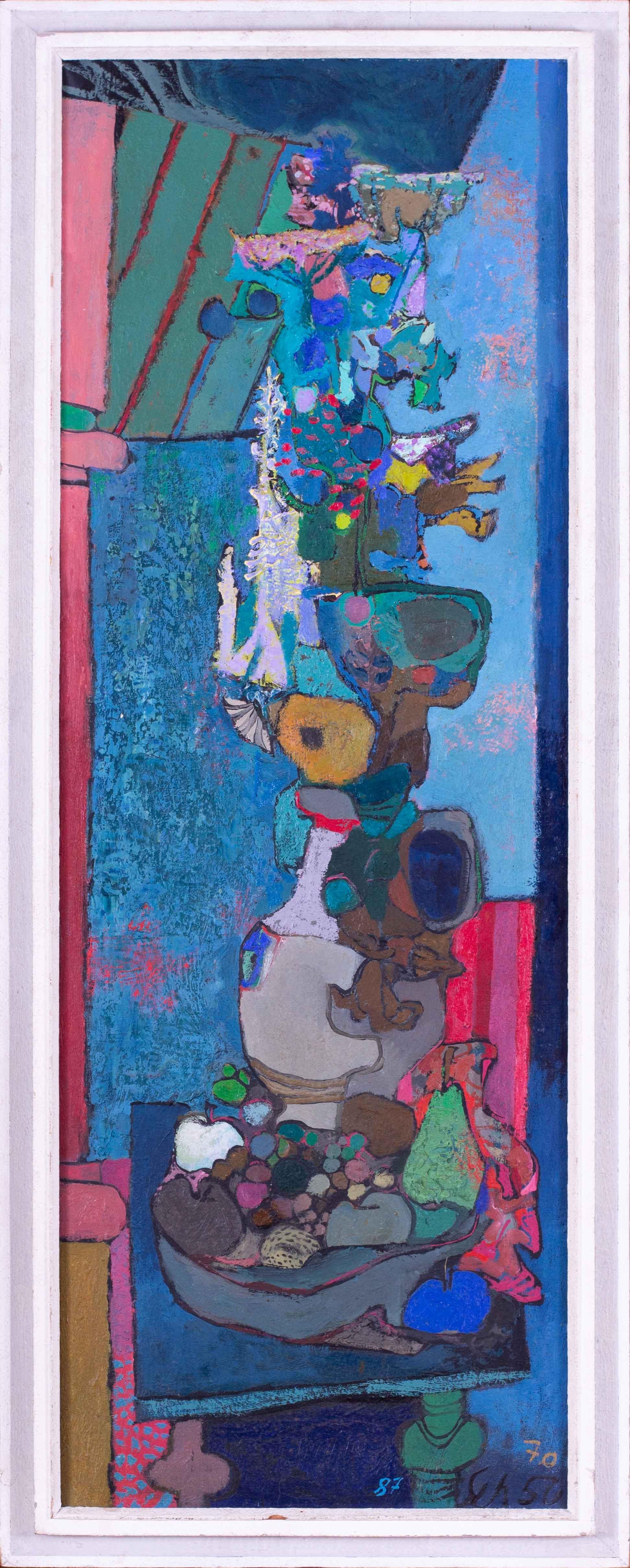 Alto bodegón expresionista alemán pintado al óleo por Hans Schellinger en tonos azules en venta 1