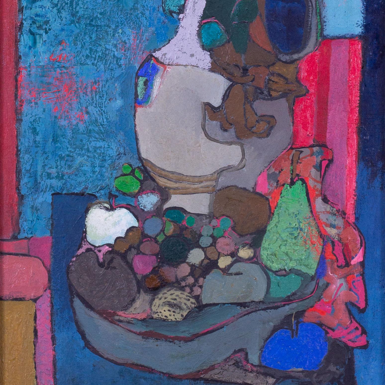 Alto bodegón expresionista alemán pintado al óleo por Hans Schellinger en tonos azules en venta 2