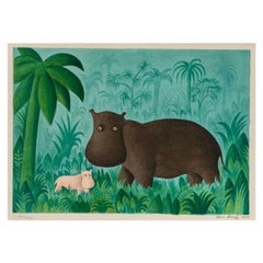 Hans Scherfig Coloured Lithograph - Hippopotamus with offspring