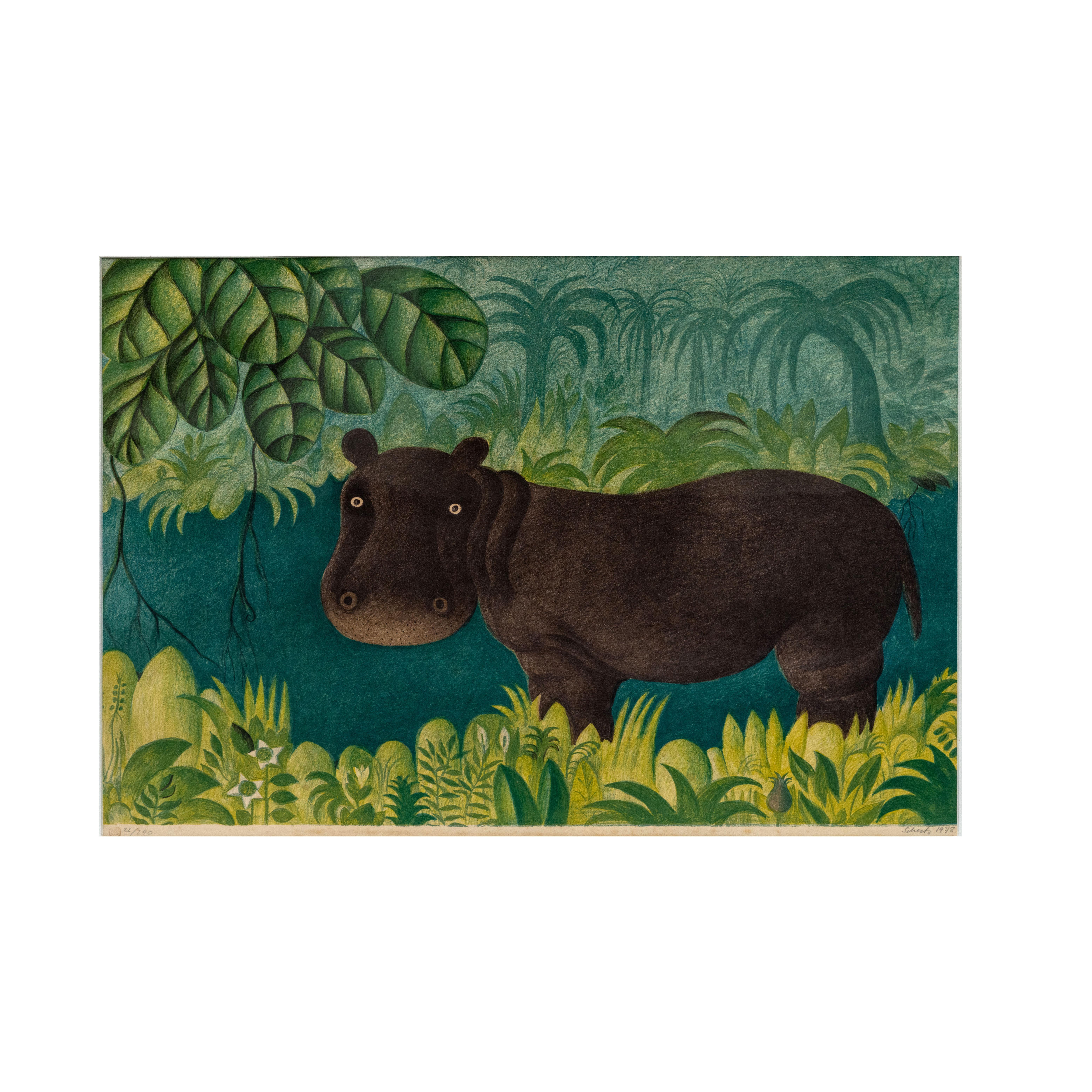 Modern Hans Scherfig Coloured Lithograph Of Hippo