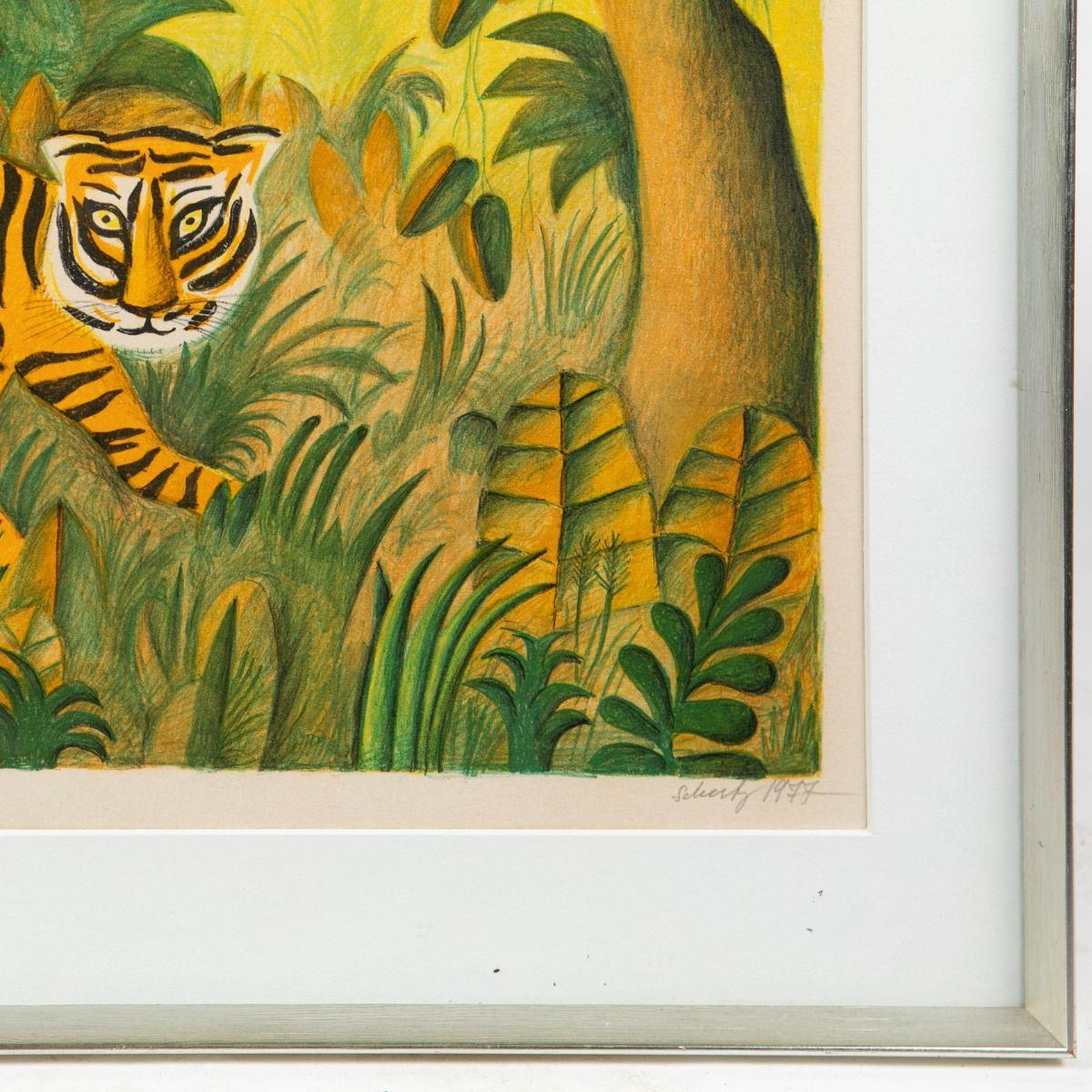 Hans Scherfig, farbige Lithographie – Tiger im Dschungel (20. Jahrhundert) im Angebot