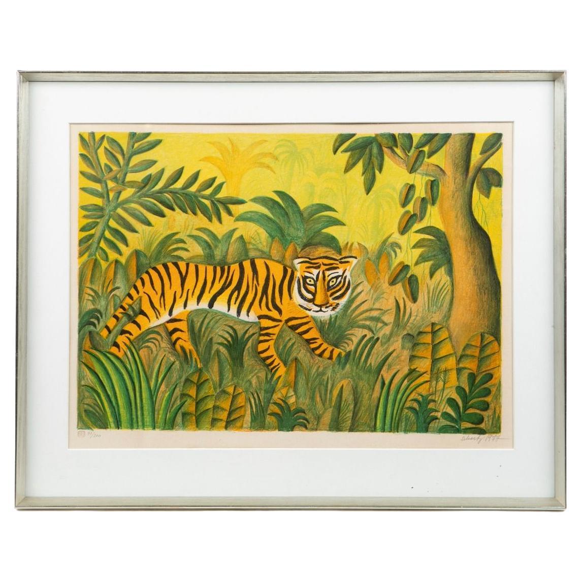 Hans Scherfig Coloured Lithograph - Tiger in the Jungle