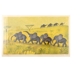 Hans Scherfig "Elephants on the Savanna "Signed" Lithography