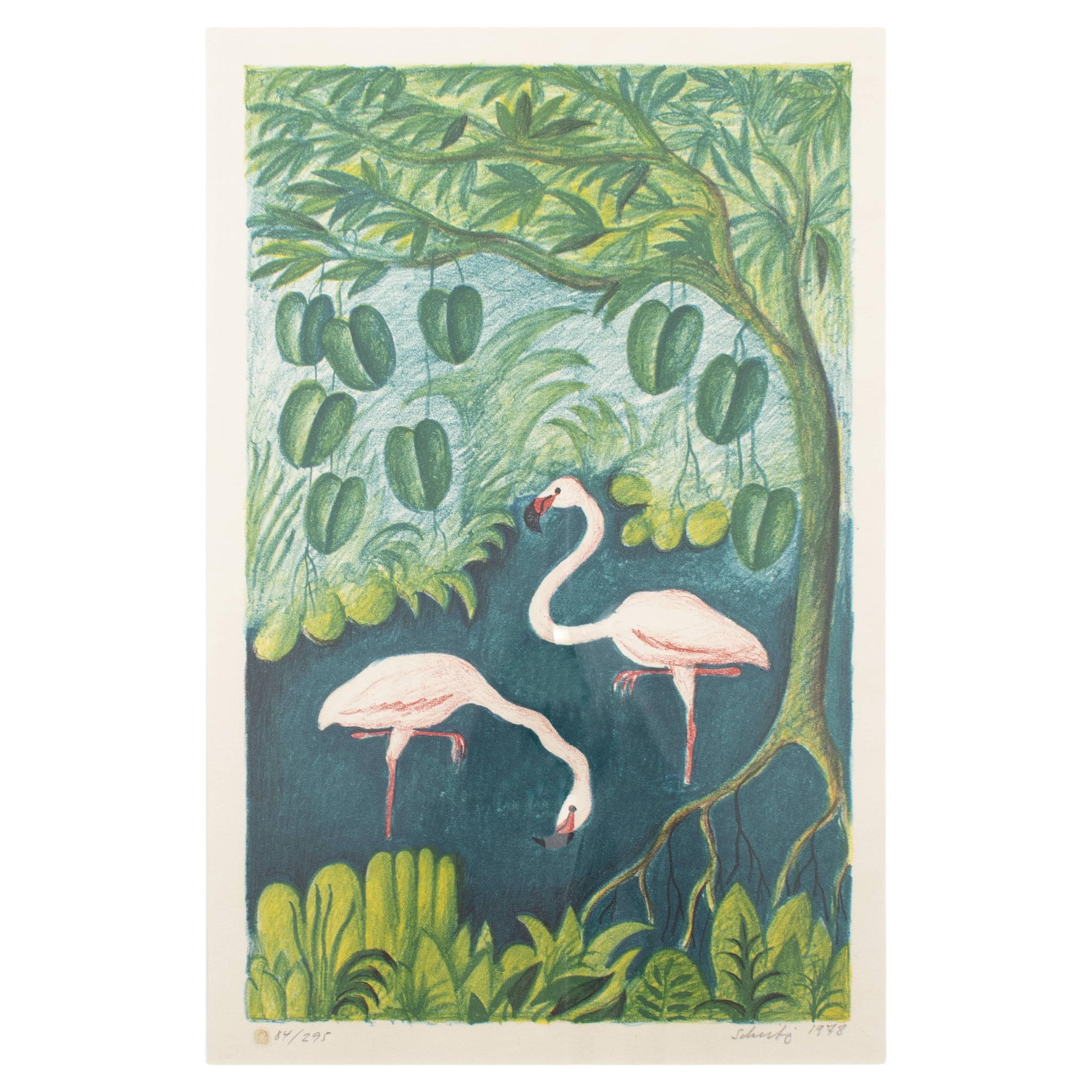 Hans Scherfig "Flamingos" Signed Lithography