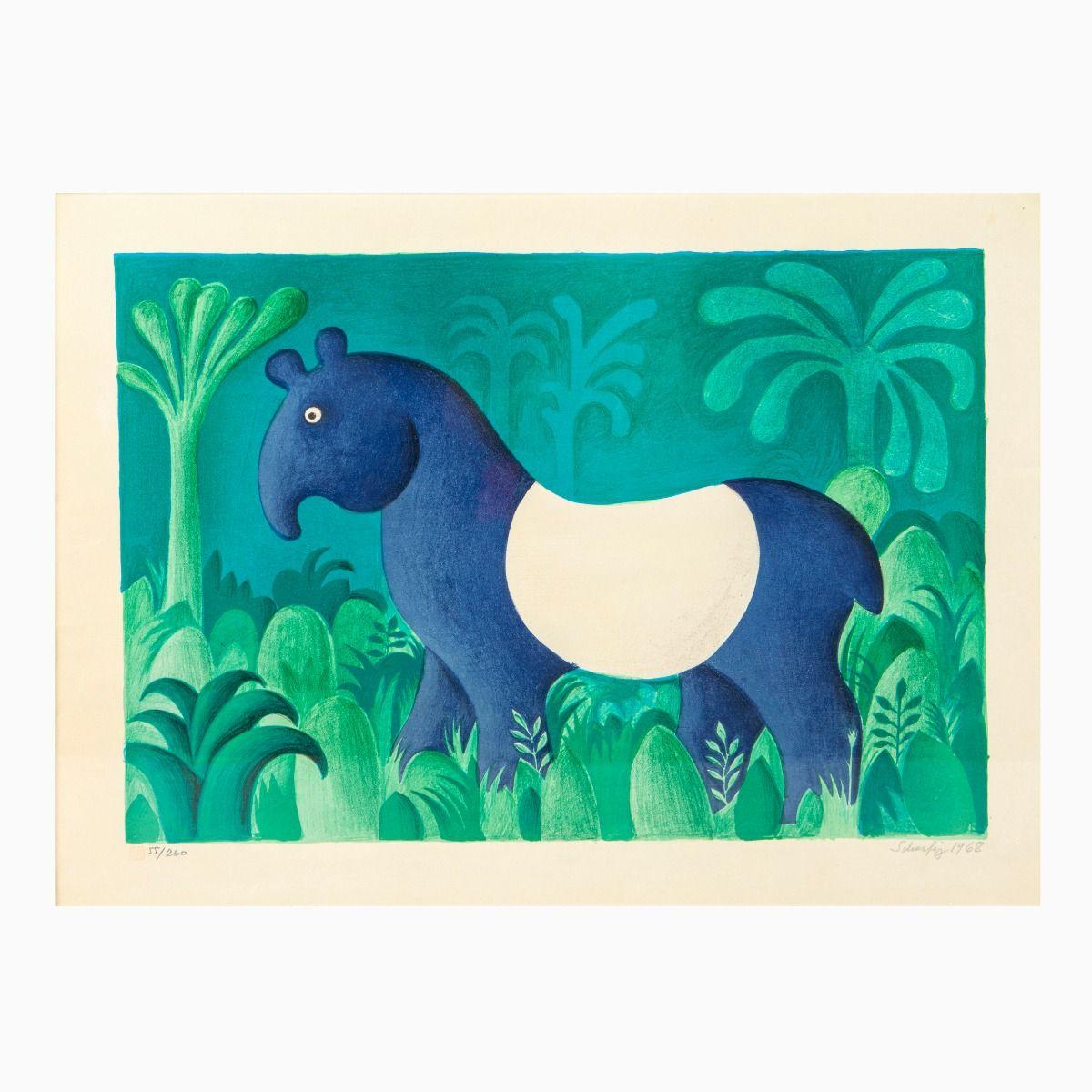 Hans Scherfig – “Tapir in the Jungle” lithograph
Color lithograph: Tapir in the Jungle.
Signed and numbered 55/260, 1968.

Mounted with a passepartout and framed in a silvered wooden frame with glass.

Lithograph size: 40 × 57.5 cm. Frame size: 52 ×
