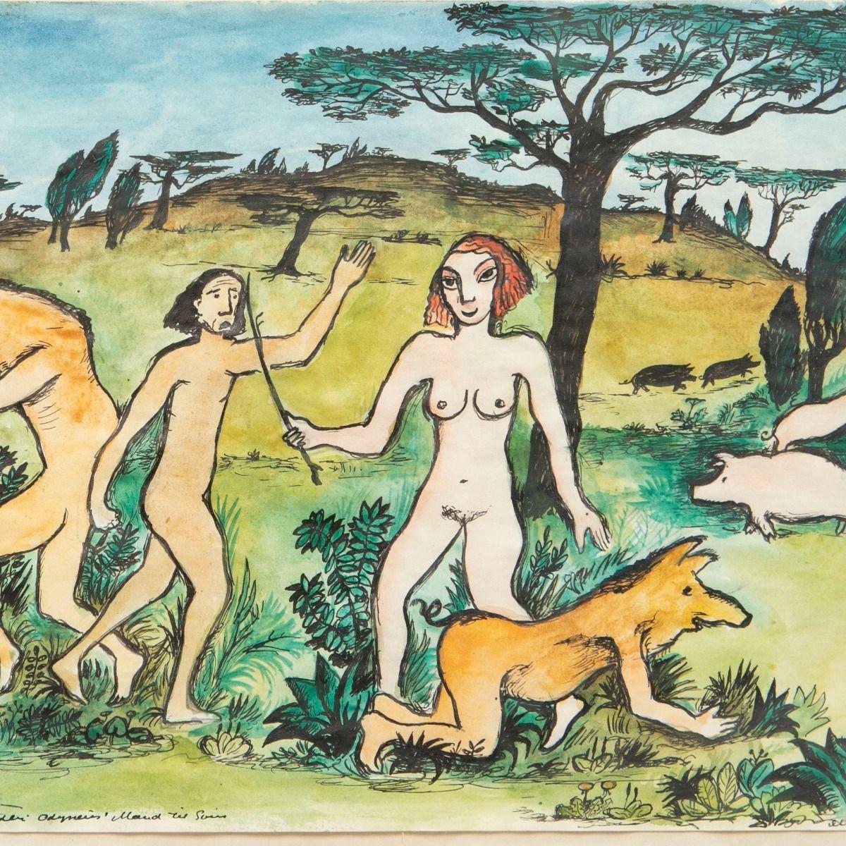 Hans Scherfig - Watercolour Circe Transforming Odysseus’ Men into Swine (Dänisch) im Angebot