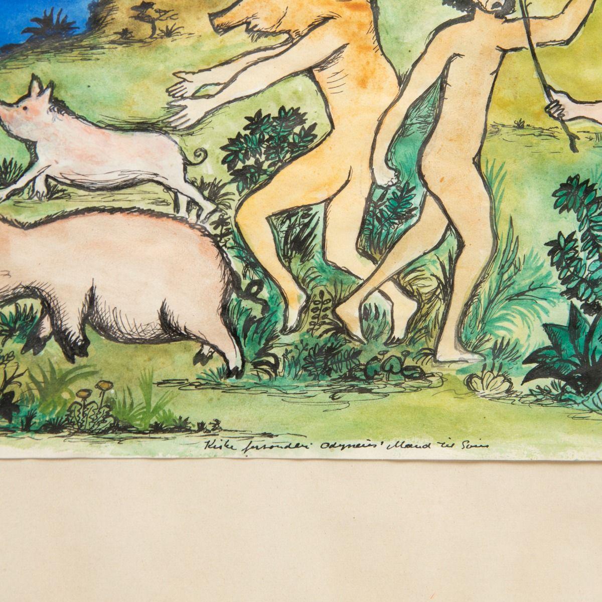 Hans Scherfig - Watercolour Circe Transforming Odysseus’ Men into Swine (Gemalt) im Angebot
