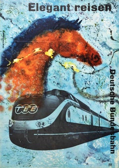 Original Vintage German Railway Poster Deutsche Bundesbahn Cave Painting Horse