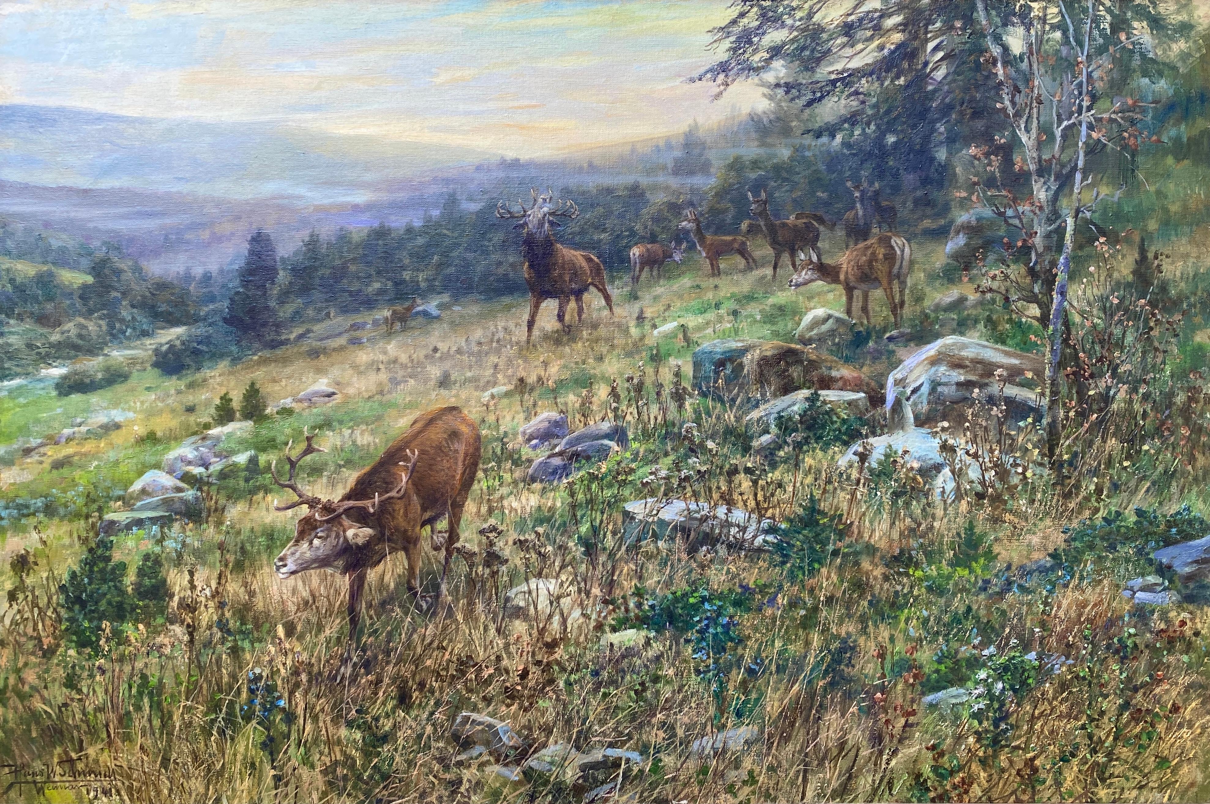 Schmidt Hans, Hamburg 1859 - 1950 Weimar, Deutscher Maler, Hirsch in einer Landschaft – Painting von Hans Schmidt