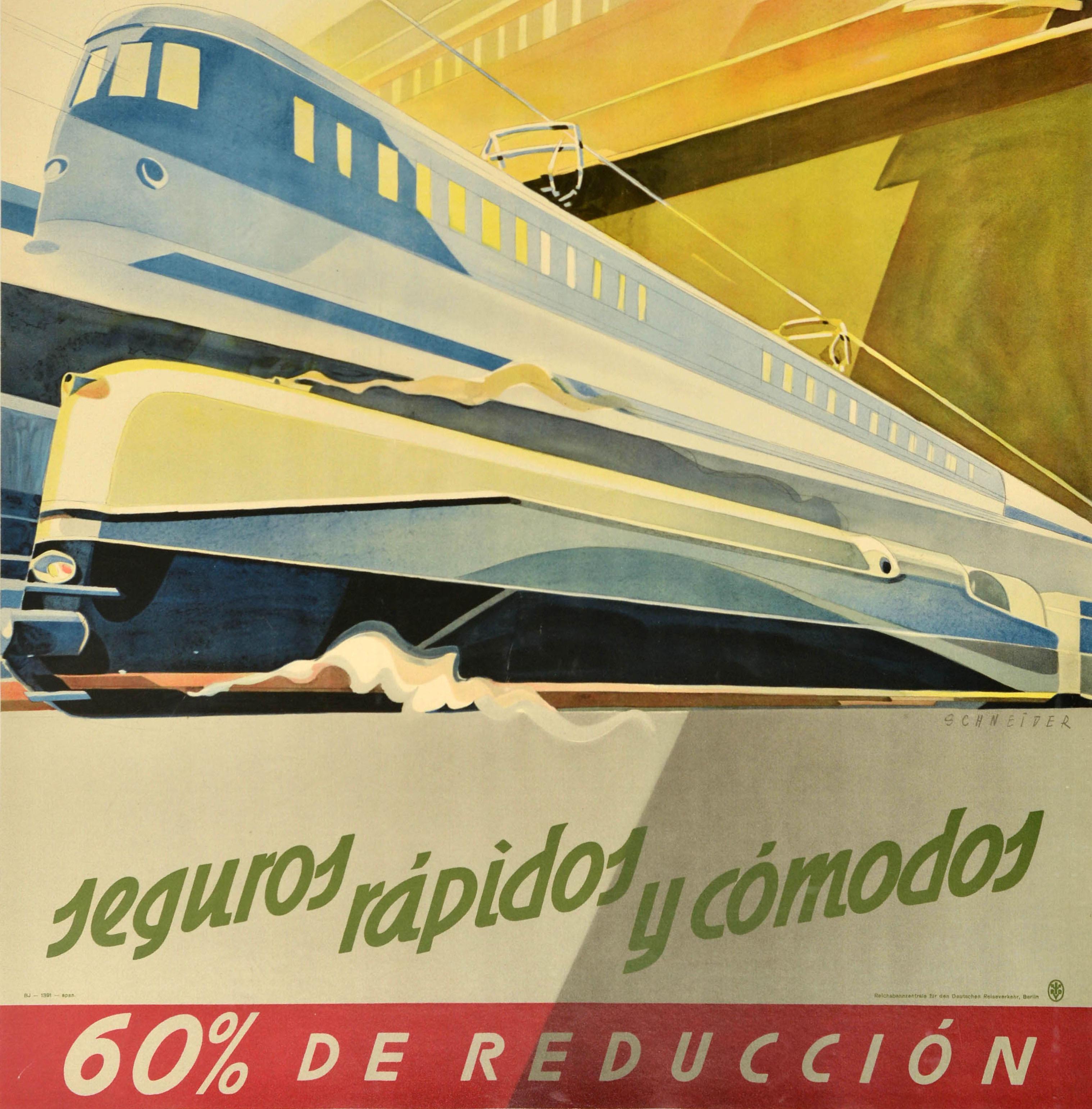 Original vintage travel advertising poster - German Railways Safe Fast and Comfortable / Los Ferrocarriles Alemanes Seguros Rapidos y Comodos - featuring a great Art Deco illustration of different trains speeding to the left and right including a
