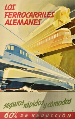 Poster pubblicitario originale d'epoca delle ferrovie tedesche Ferrocarriles Alemane