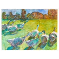Vintage Hans Schwarz (German 1922-2003) Large Signed Geese Watercolour Painting 