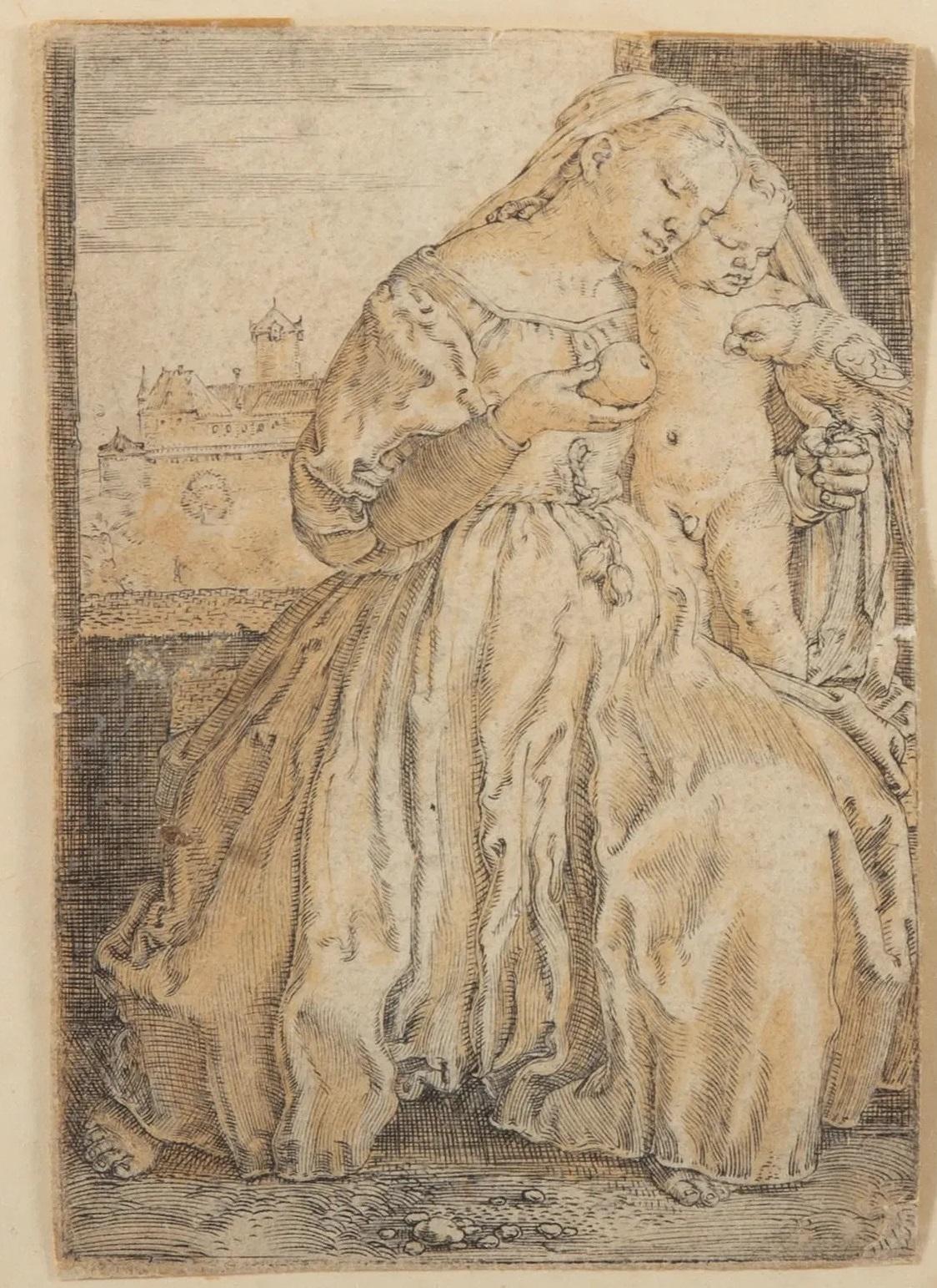 Engraving 'Virgin and child with parrot' by Beham Barthel, 16th century