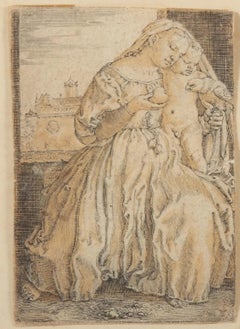 Engraving 'Virgin and child with parrot' by Beham Barthel, 16th century