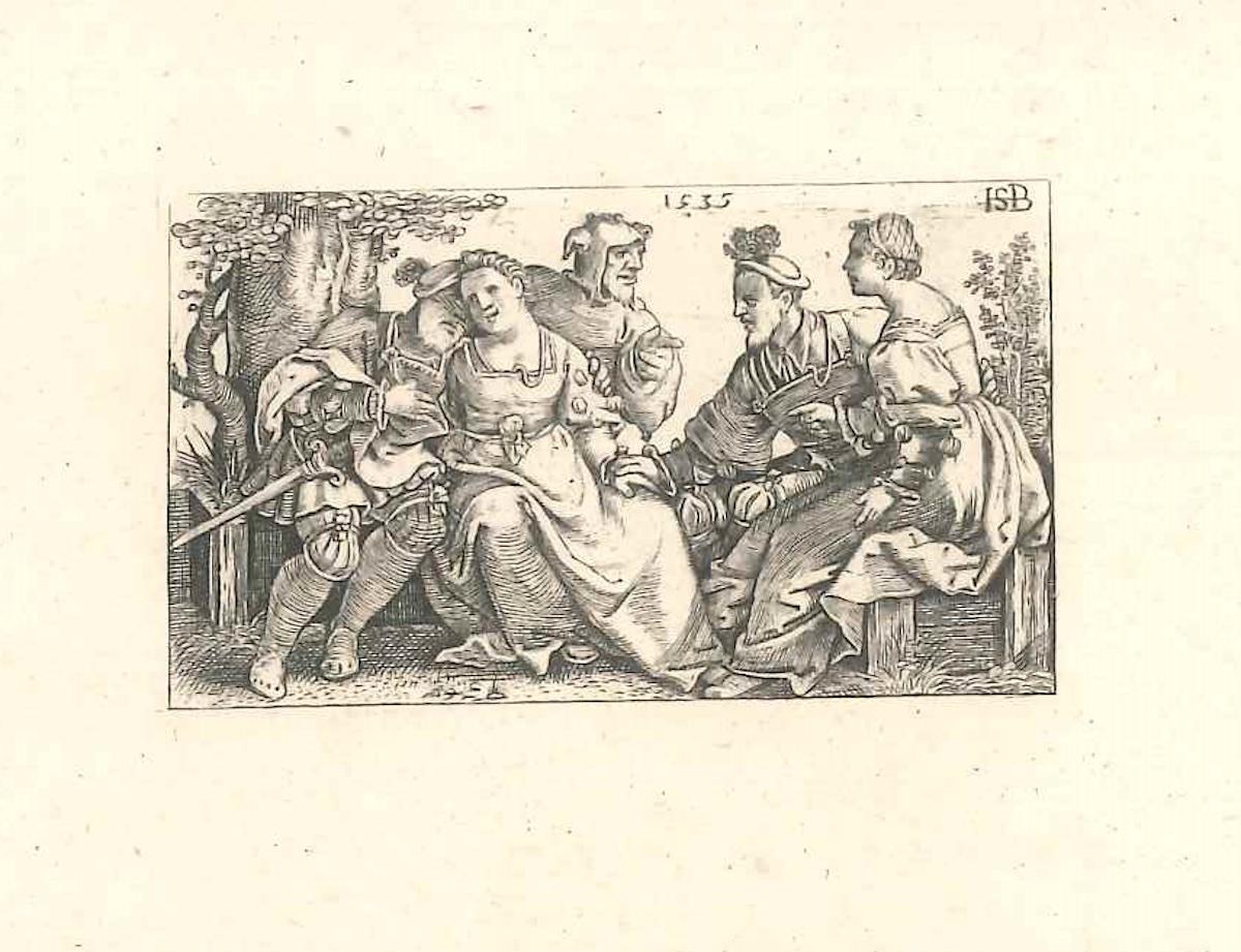 Hans Sebald Beham Figurative Print - Le Bouffon et les Deux Couples Amoureuses - Original Etching - 1514