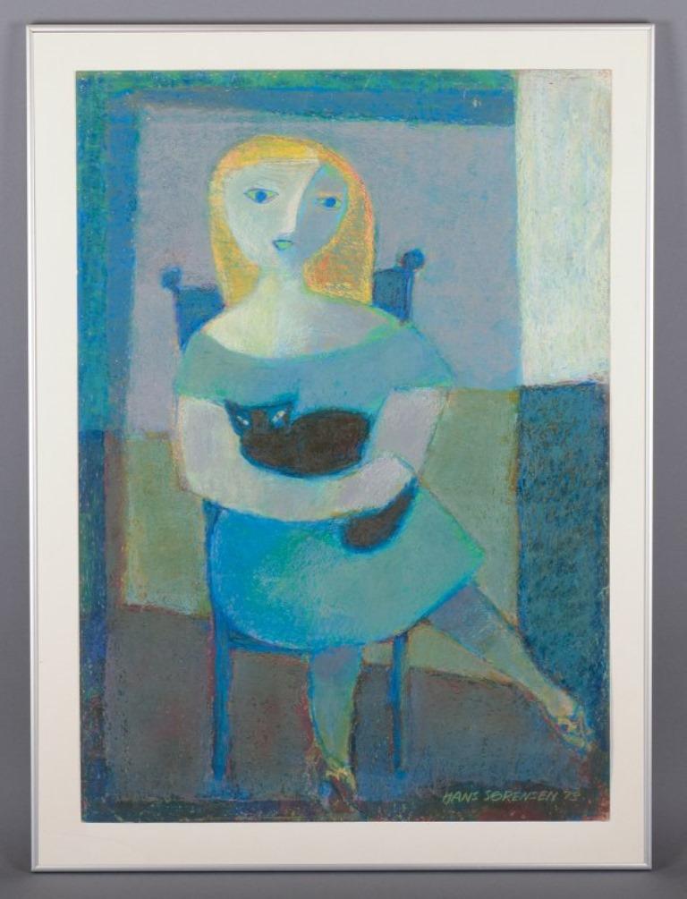 Hans Sørensen (1906-1982), dänischer Künstler.
Modernistisches Porträt einer sitzenden Frau mit einer Katze.
Ölkreide auf Papier.
Signiert und datiert 1973.
In perfektem Zustand.
Abmessungen des Bildes: B 53,0 cm x H 75,5 cm.
Gesamtabmessungen: B