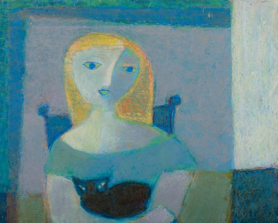 Danish Hans Sørensen. Modernist portrait of seated woman. Oil crayon on paper For Sale