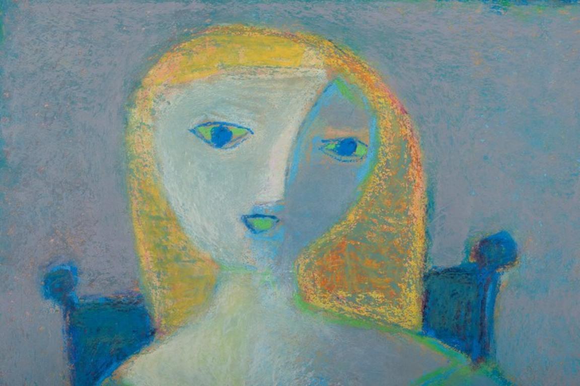 Hans Sørensen. Modernist portrait of seated woman. Oil crayon on paper In Excellent Condition For Sale In Copenhagen, DK