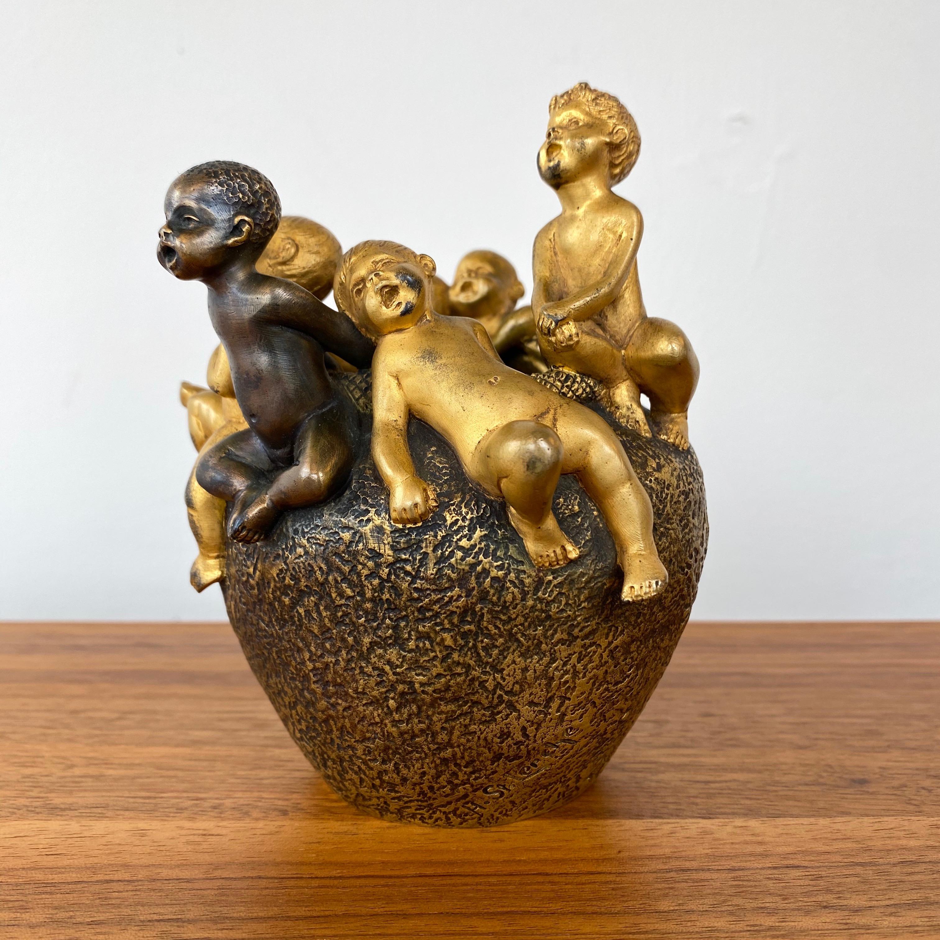 French Hans Stoltenberg-Lerche Art Nouveau Putti Form Gilt Bronze Figural Vase, 1900