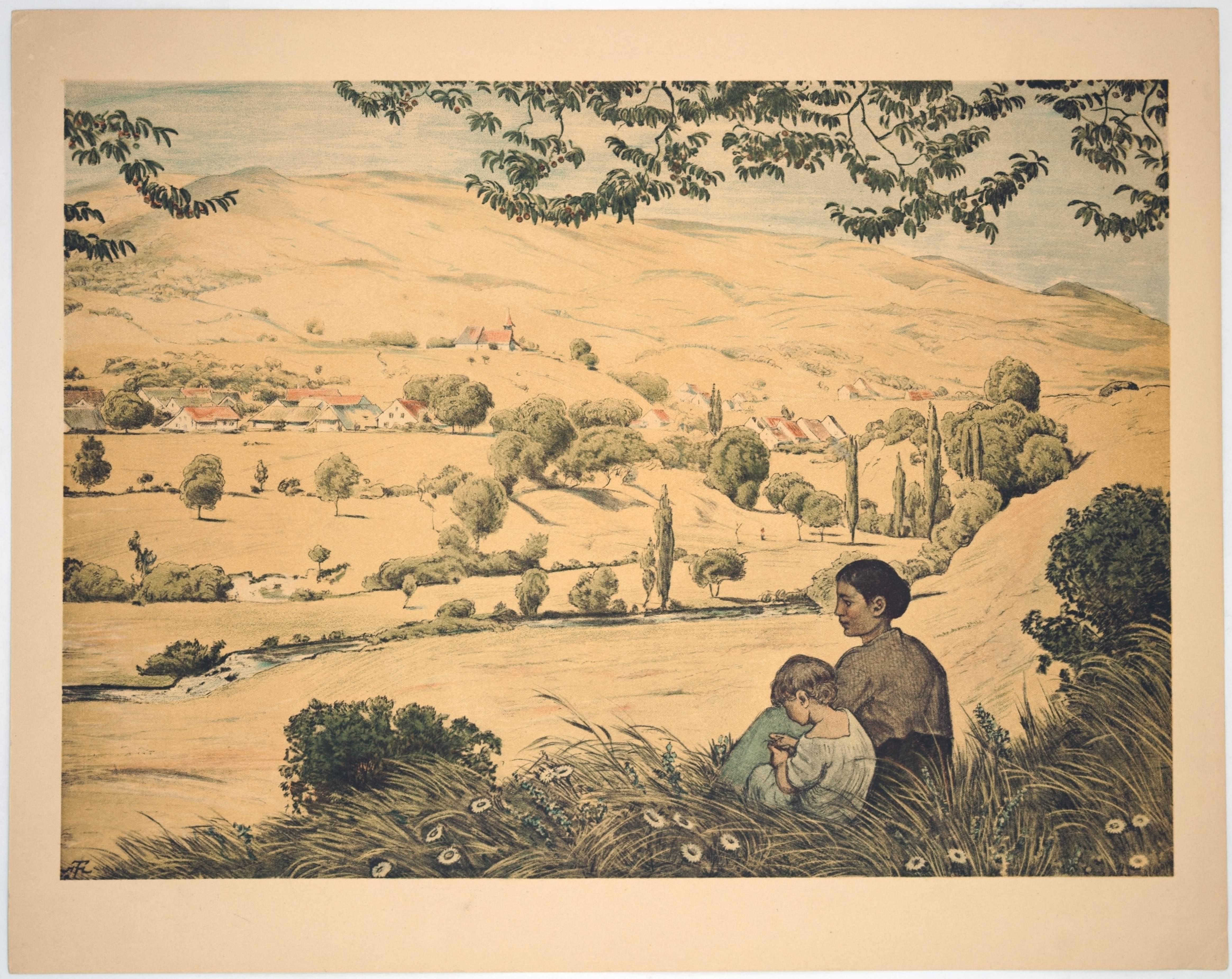 'Paysage d'été du sud de l'Allemagne / - The profile of the landscape -' (en anglais) - Beige Figurative Print par Hans Thoma
