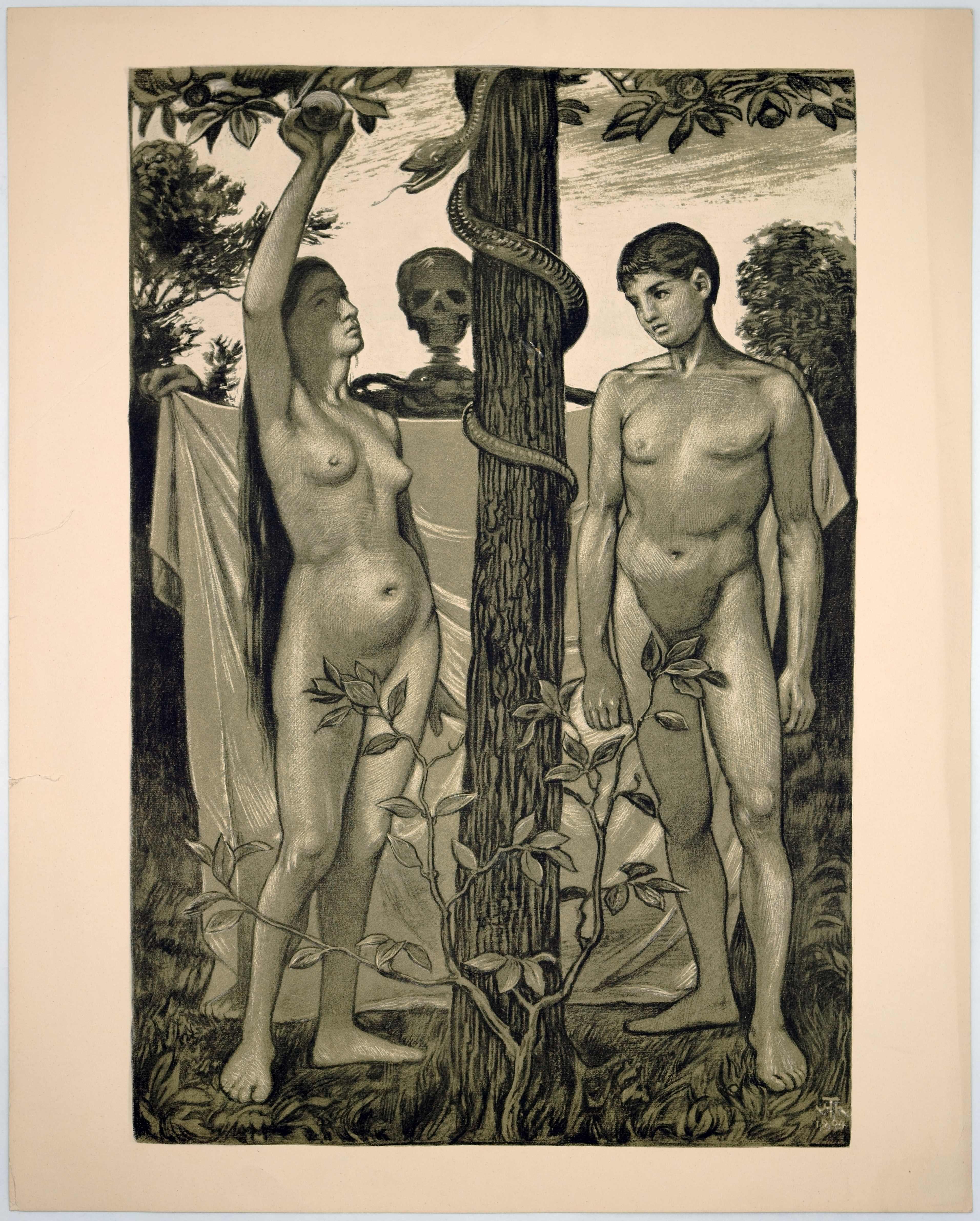 Adam and Eve / - United in Death - - Gray Figurative Print by Hans Thoma