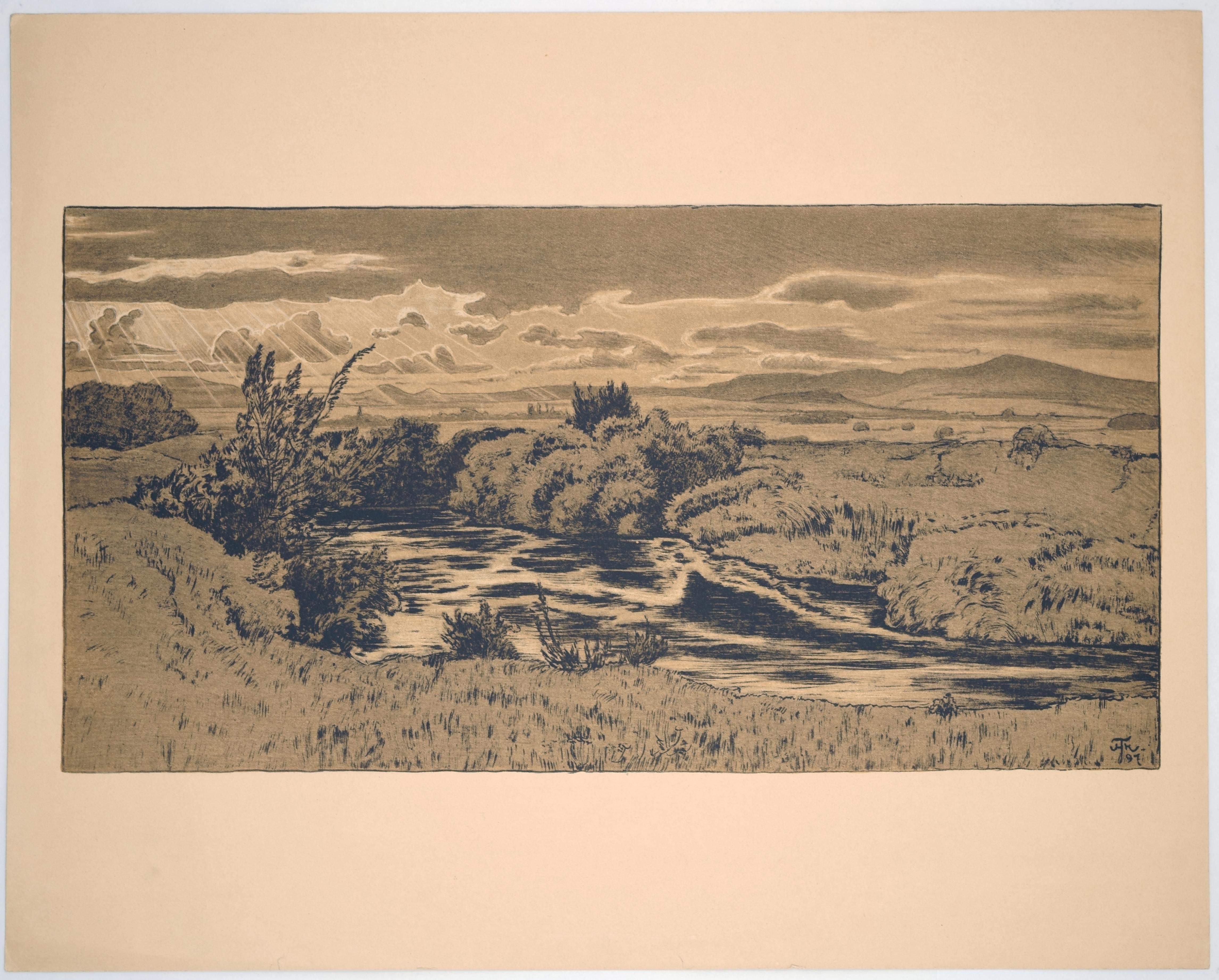 A l'étang / - La nostalgie du paysage - - Marron Figurative Print par Hans Thoma