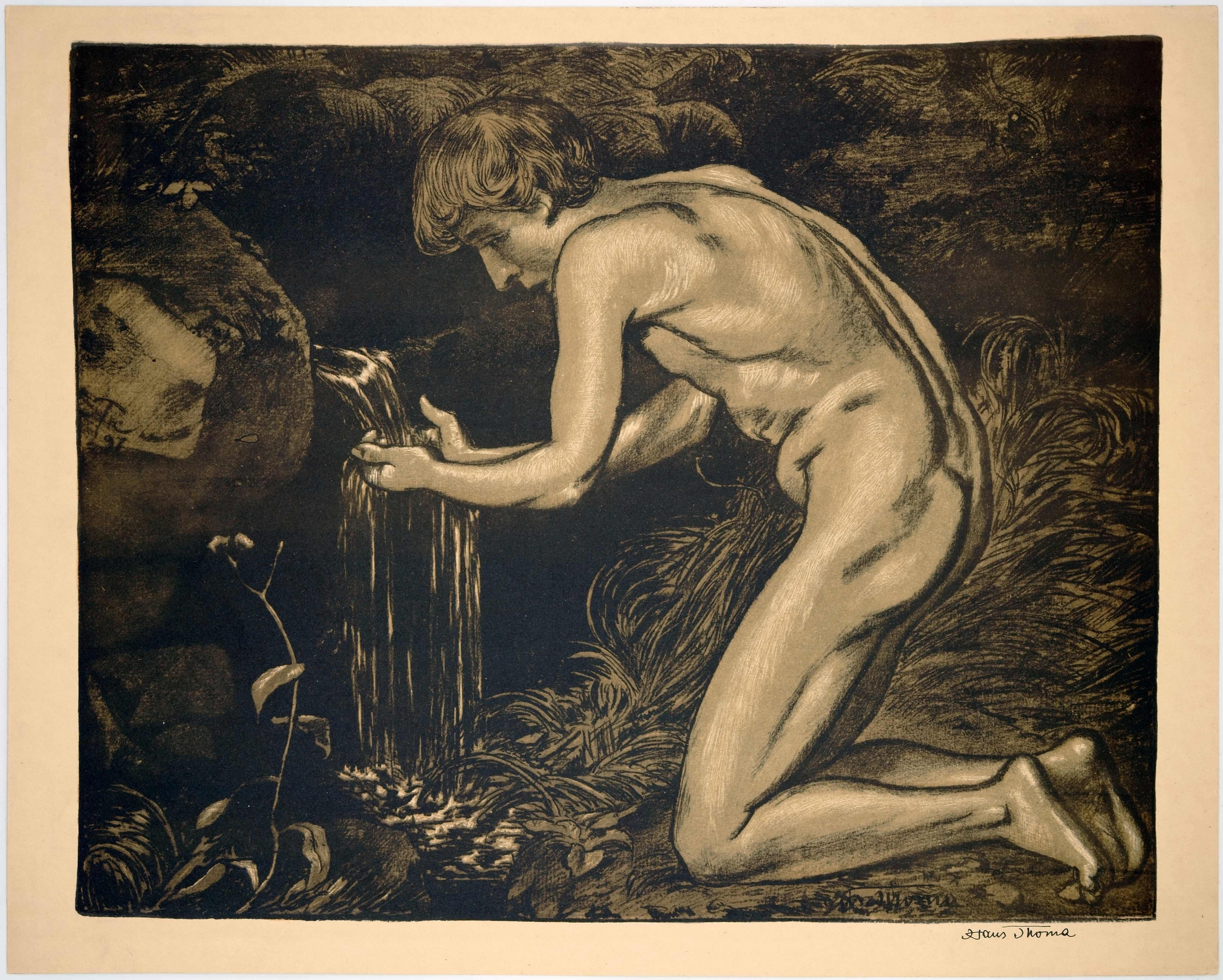 Boy at the source / - Elixir of Life - Réalisme Print par Hans Thoma