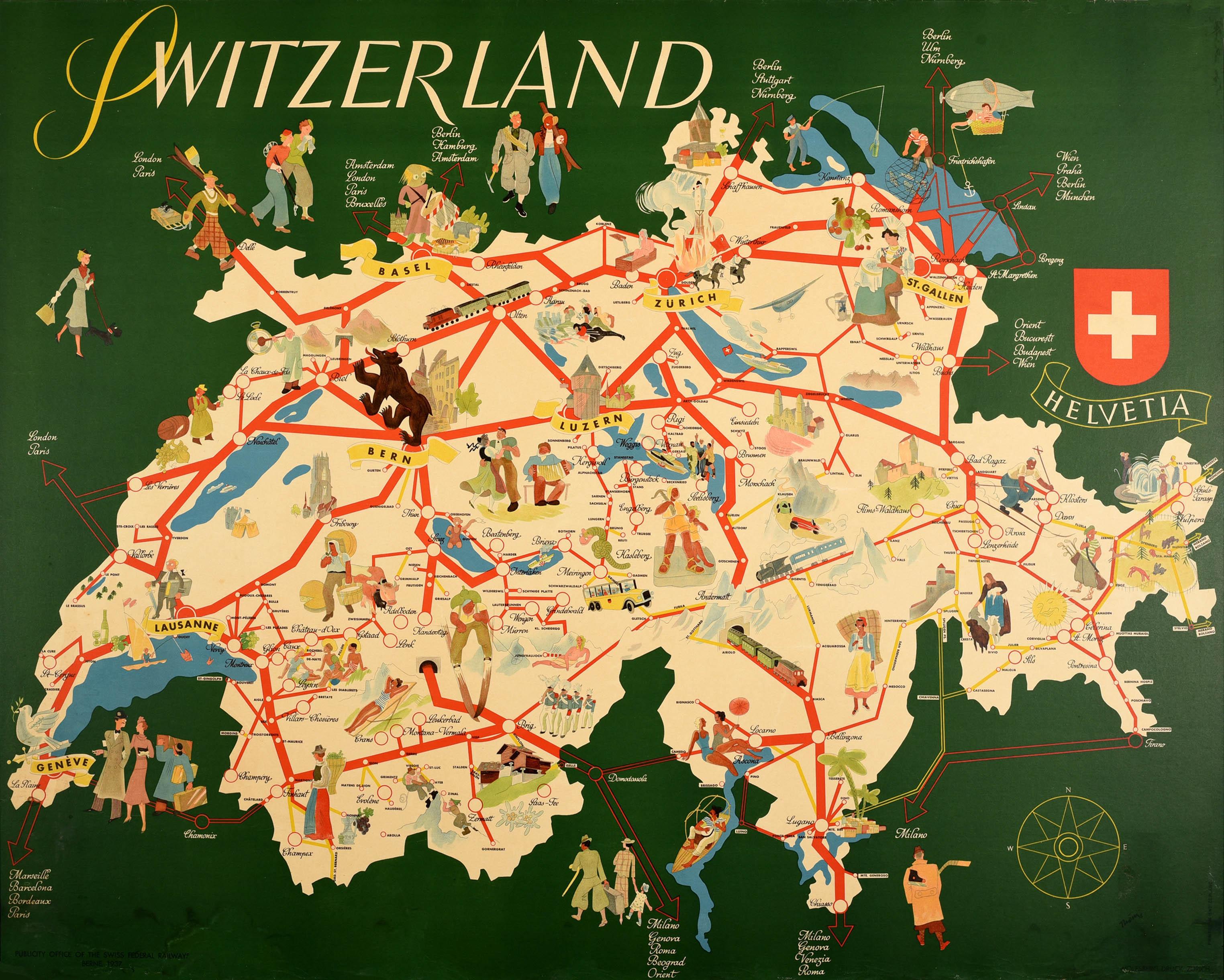 Hans Thöni Print - Original Vintage Illustrated Map Poster Switzerland Railway Travel Sport Nature