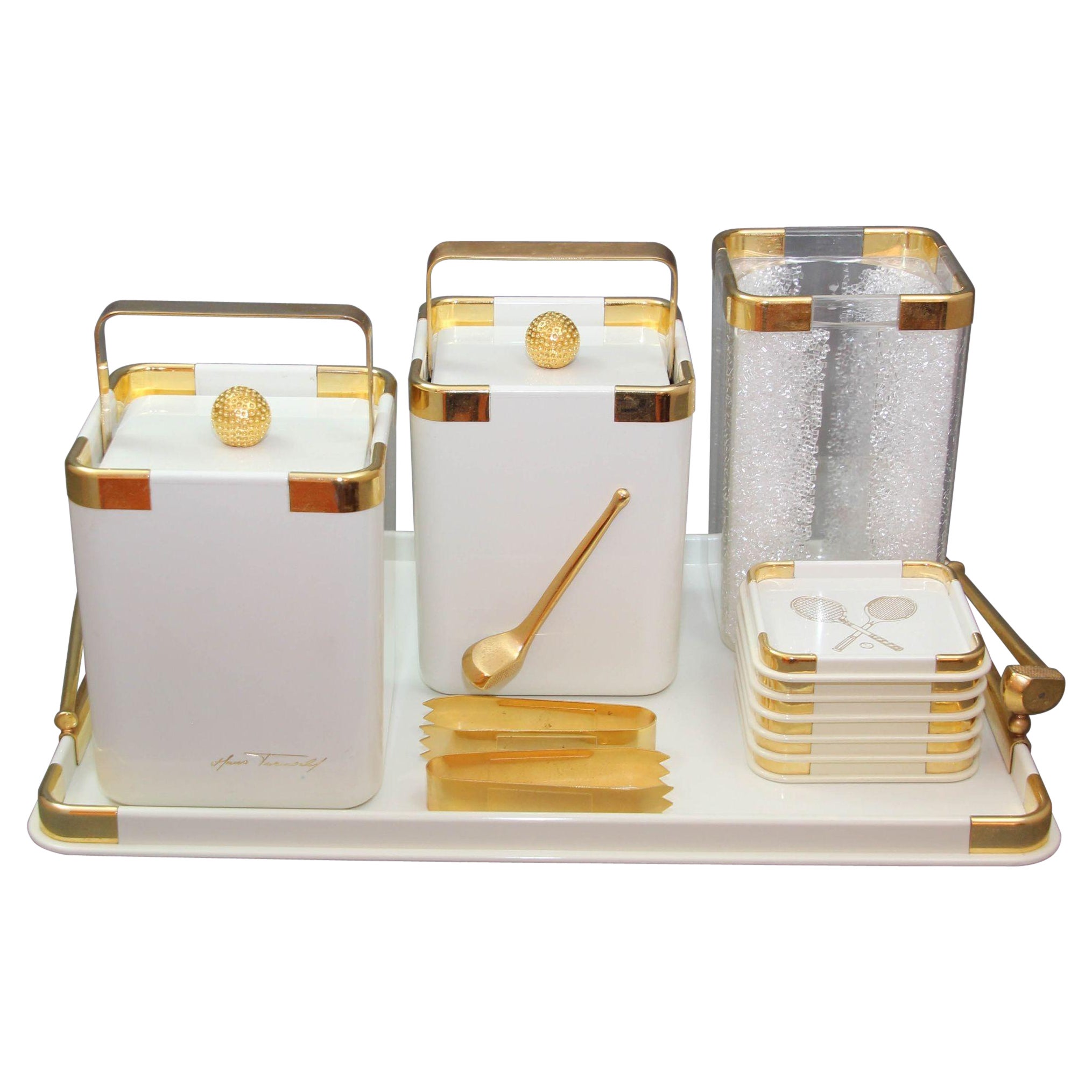 Hans Turnwald White Golf and Tennis Ice Buckets Wine Cooler Tray Set 1970s